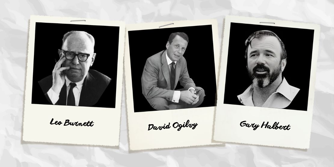 Porträts von Leo Burnett, David Ogilvy und Gary Halbert – drei der 10 größten Werbetexter aller Zeiten.