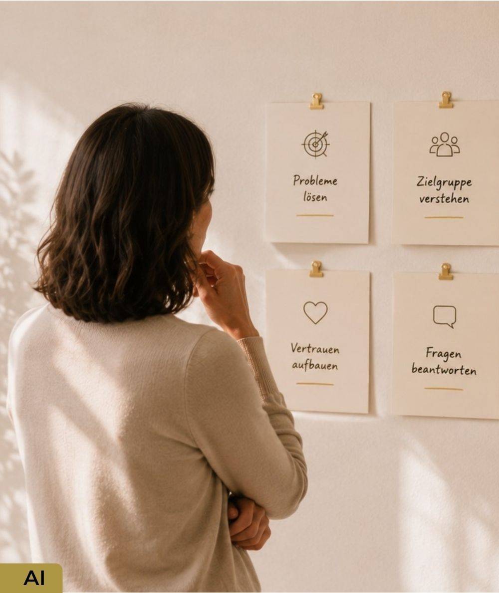 Themenkarten an einer Strategiewand, aus denen eine Unternehmerin Inhalte für authentisches Marketing auswählt.