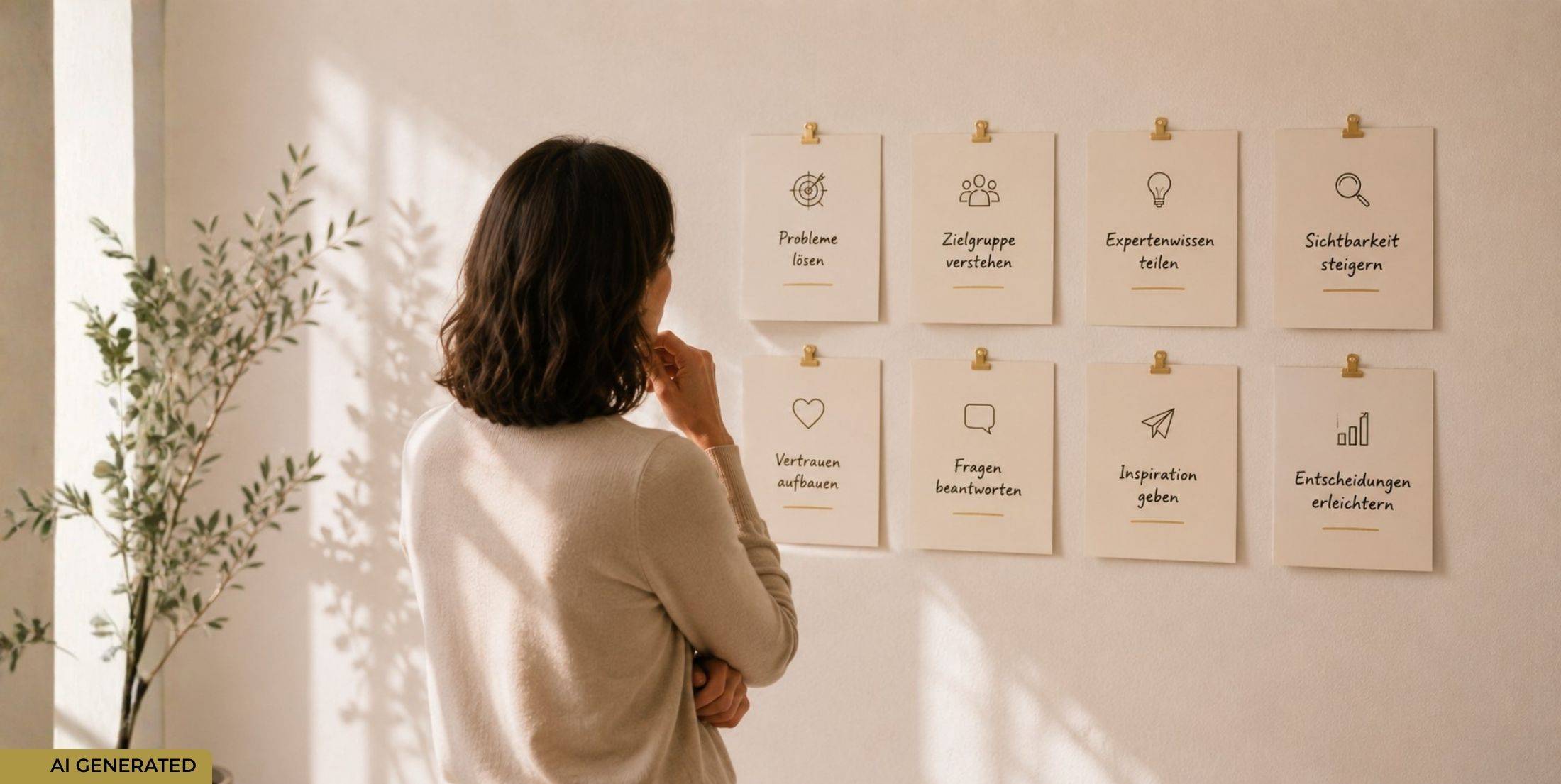 Unternehmerin plant an einer Strategiewand mit Themenkarten das authentische Marketing für ihre Zielgruppe.