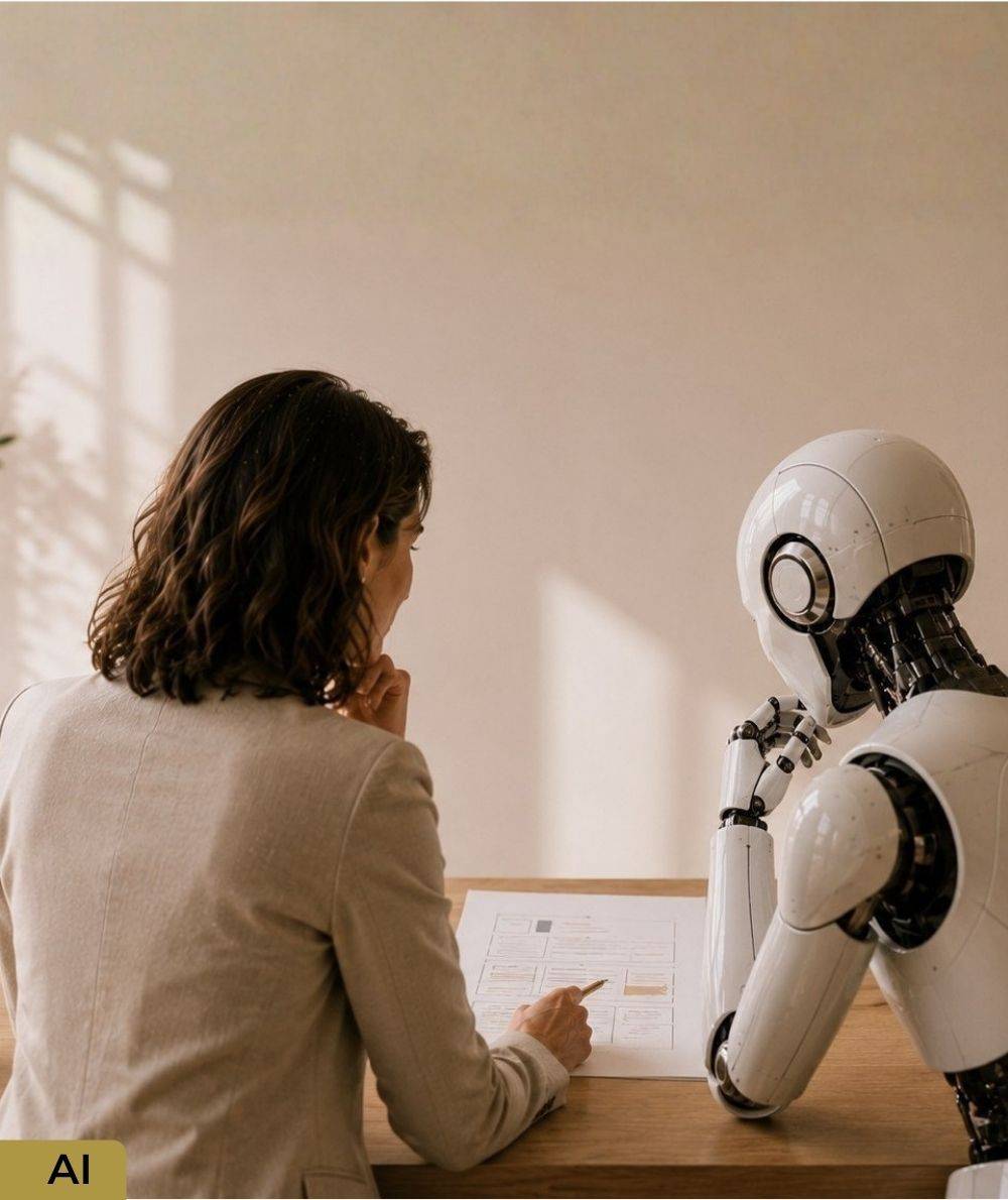 Website-Texterin und humanoider Roboter am Schreibtisch: menschliche Textarbeit trifft KI.