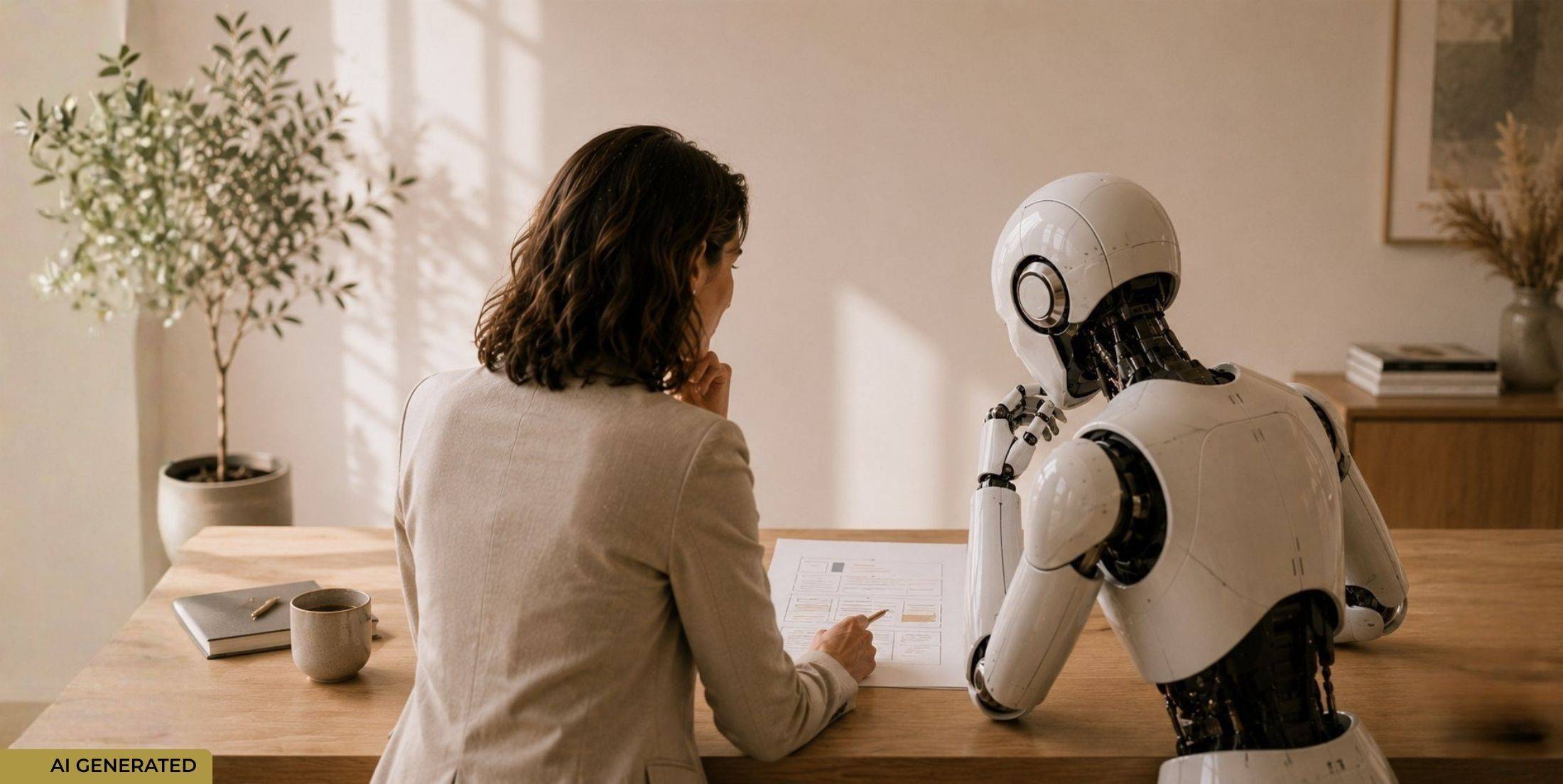 Website-Texterin arbeitet am Schreibtisch gemeinsam mit einem humanoiden Roboter an einem Website-Text.