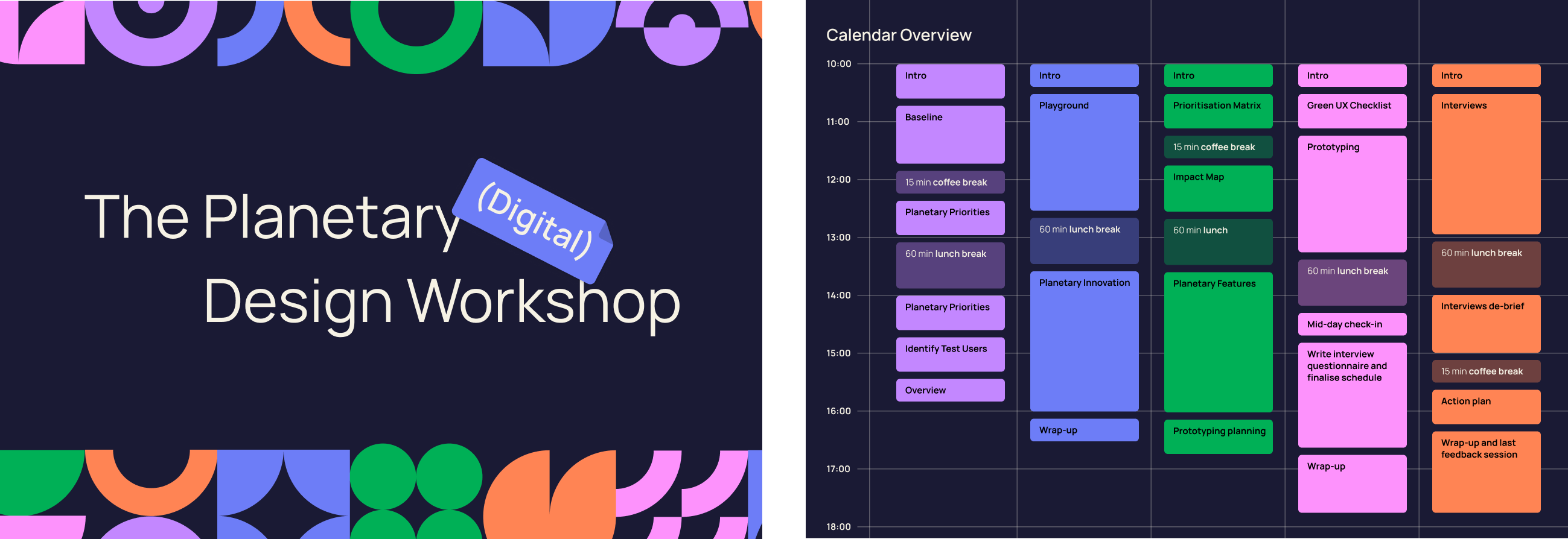 Workshop schedule titled 'The Planetary (Digital) Design Workshop' with a color-coded calendar overview displaying sessions and breaks from 10:00 to 18:00.