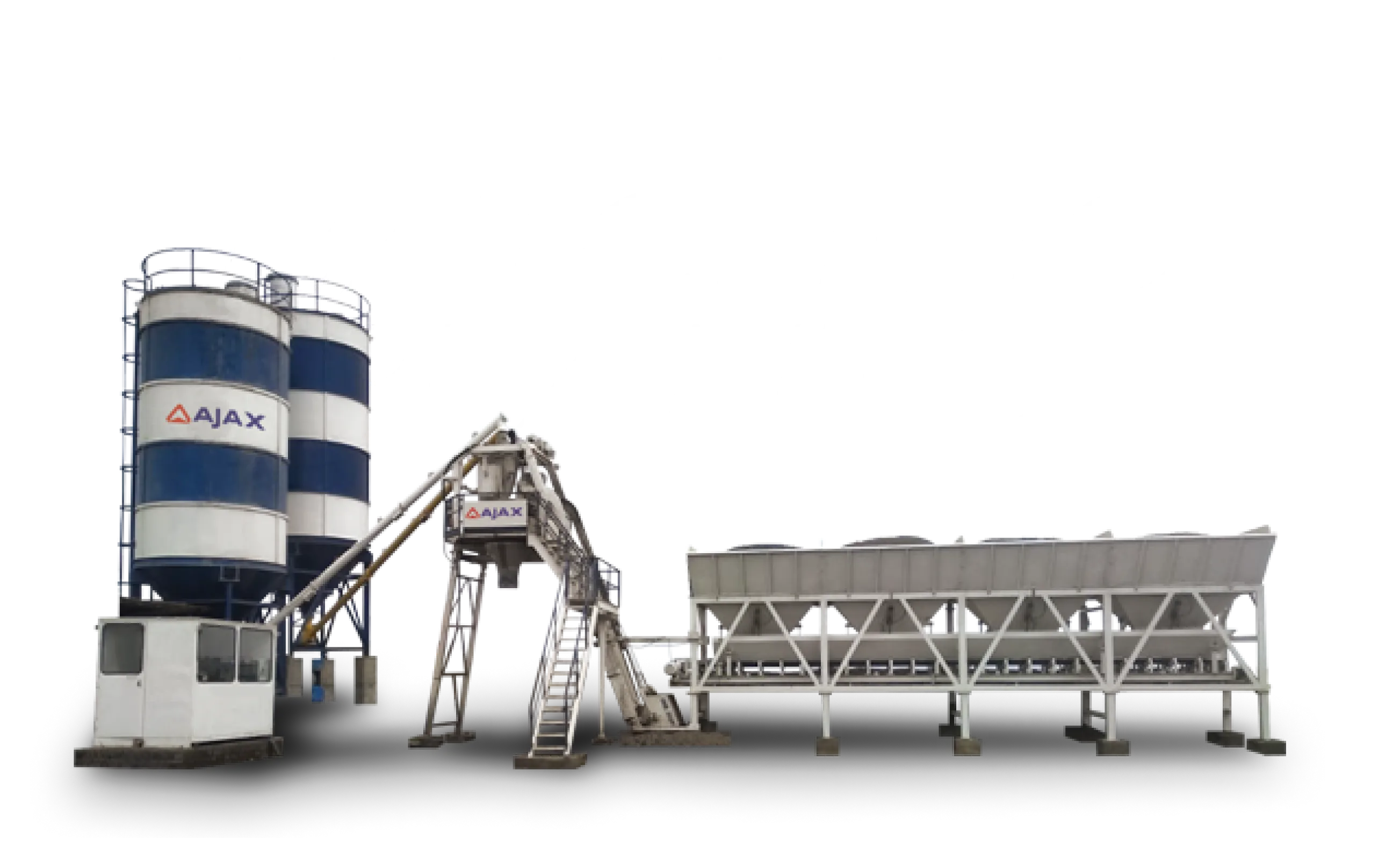 A blue and white grain silo next to a blue and white silo.