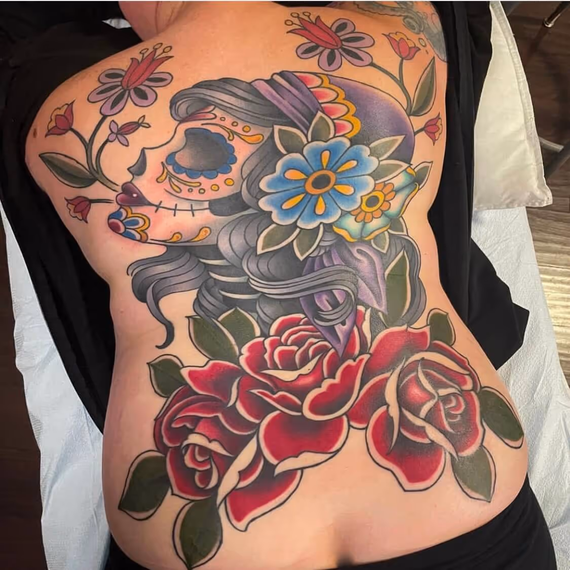 Traditional La Catrina or Sugar Skull Girl back piece by Brittany Quintero of Sweet Heart Tattoo.