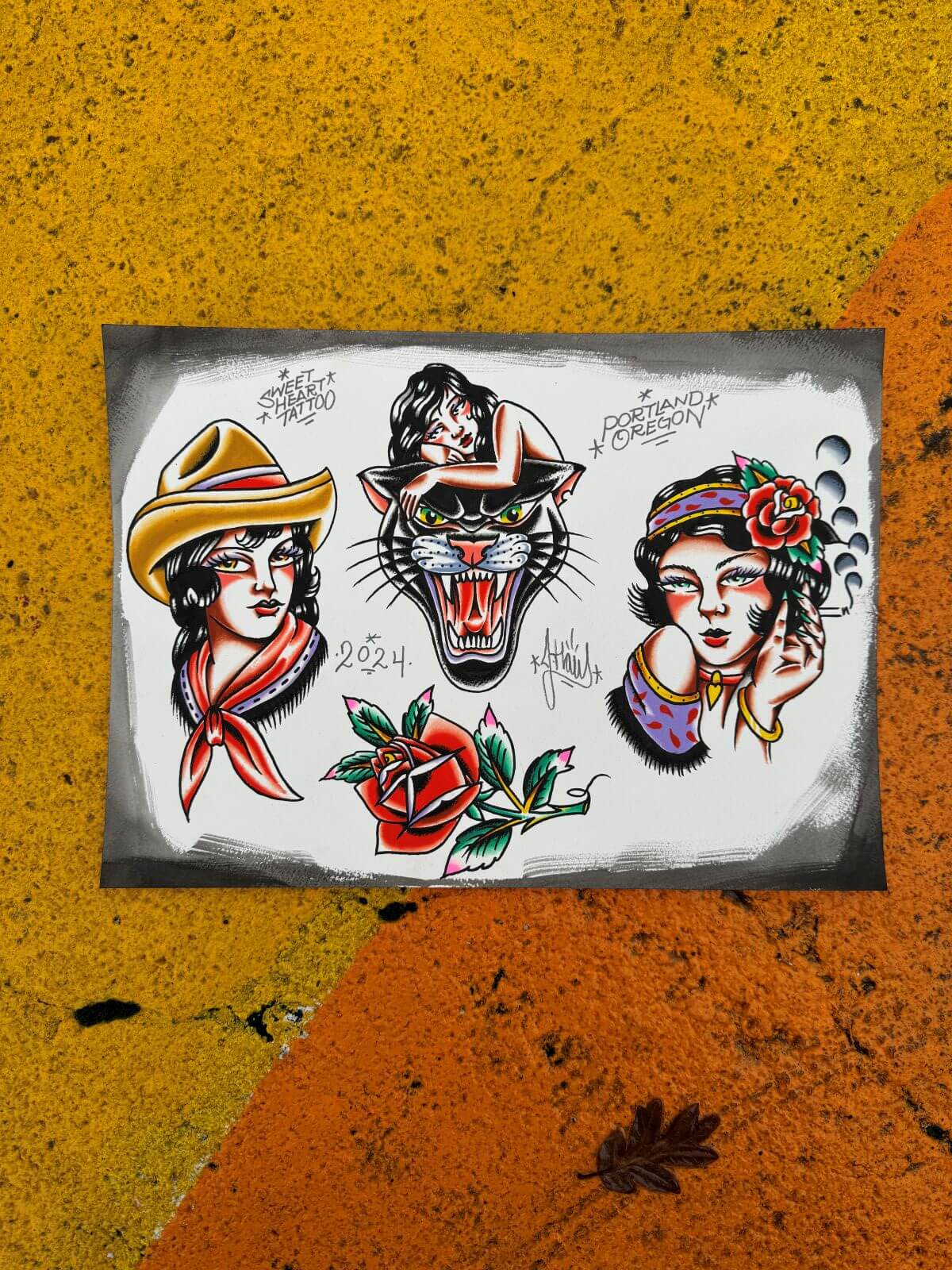 Tattoo flash sheet featuring a woman with a cowboy hat and red scarf, a black panther with a woman on top, a woman with a flower in her hair smoking a cigarette, and a red rose with green leaves.