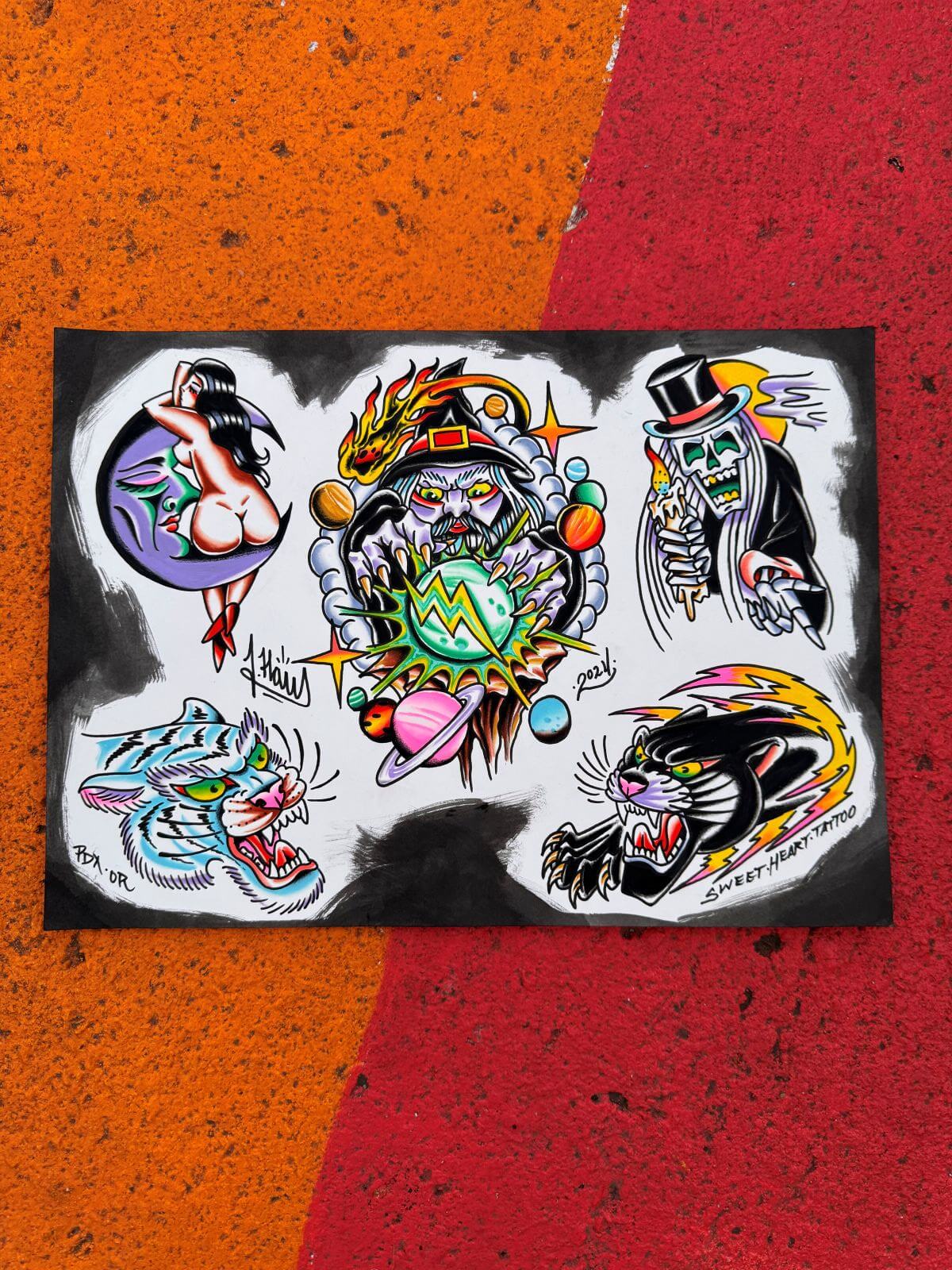 Tattoo flash sheet featuring a witch with a crystal ball surrounded by planets, a pin-up woman on a crescent moon, a skeleton in a top hat holding a candle, and snarling tiger and panther heads.