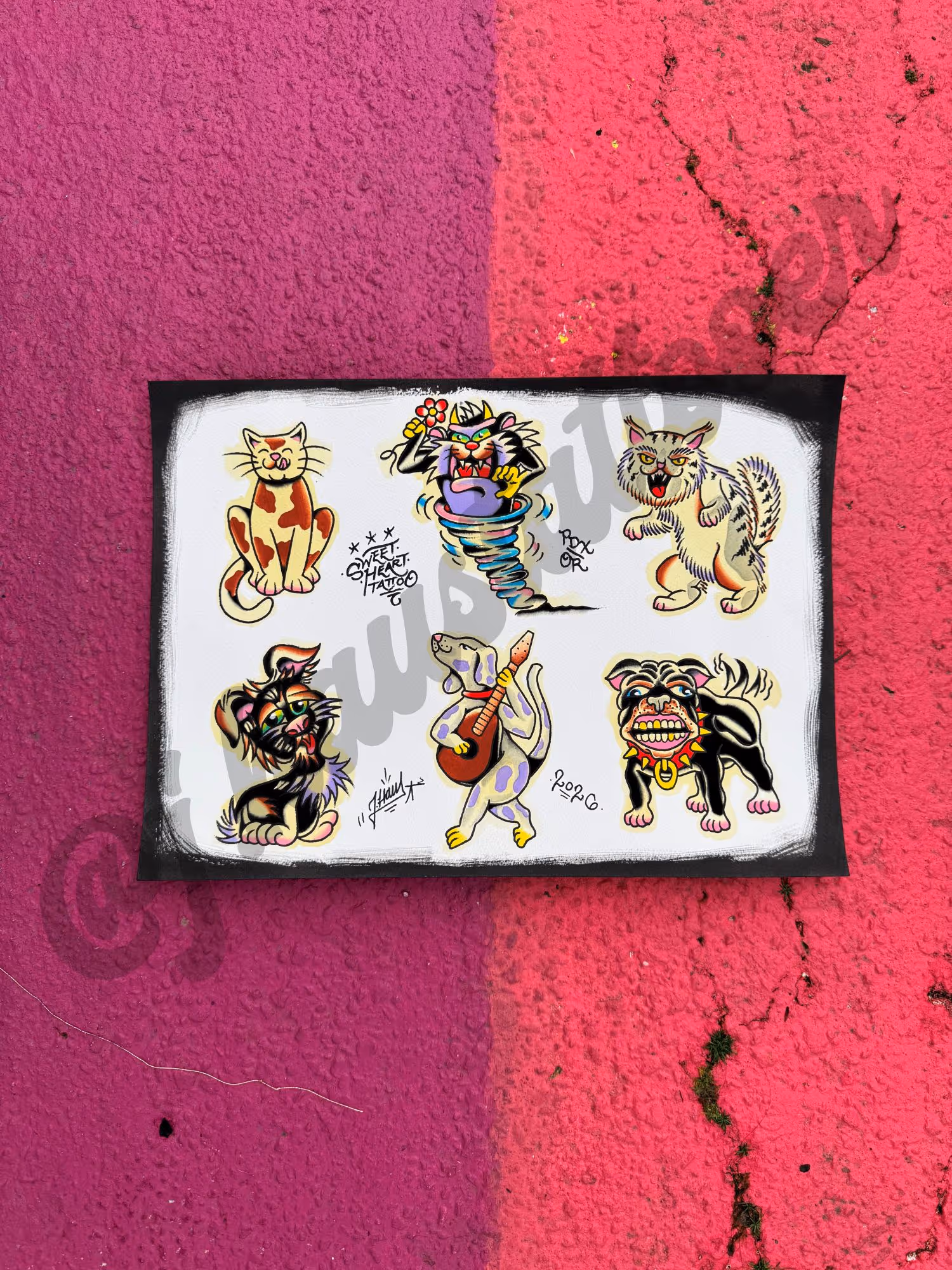 Illustration sheet of six colorful cartoon-style cats and dogs painted by Joshua Bighaus of Sweet Heart Tattoo.