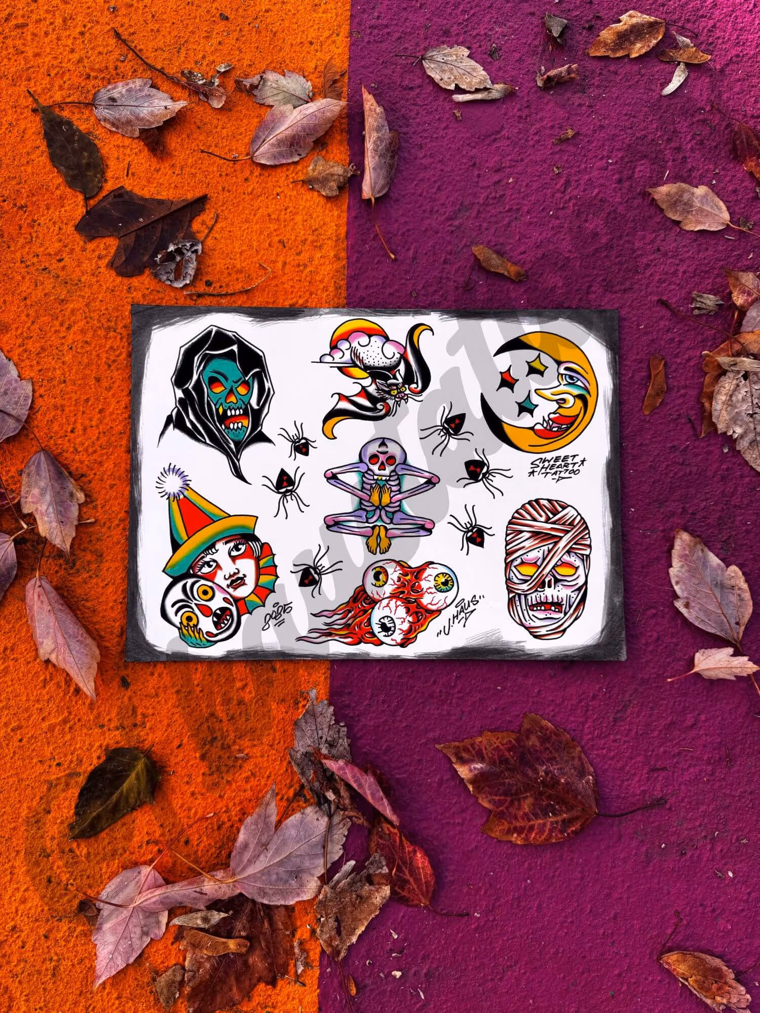 Tattoo flash sheet with colorful spooky designs including a skull-faced figure, a cat, a crescent moon with a face, a mummy head, eyeballs, a clown face, and black spiders.