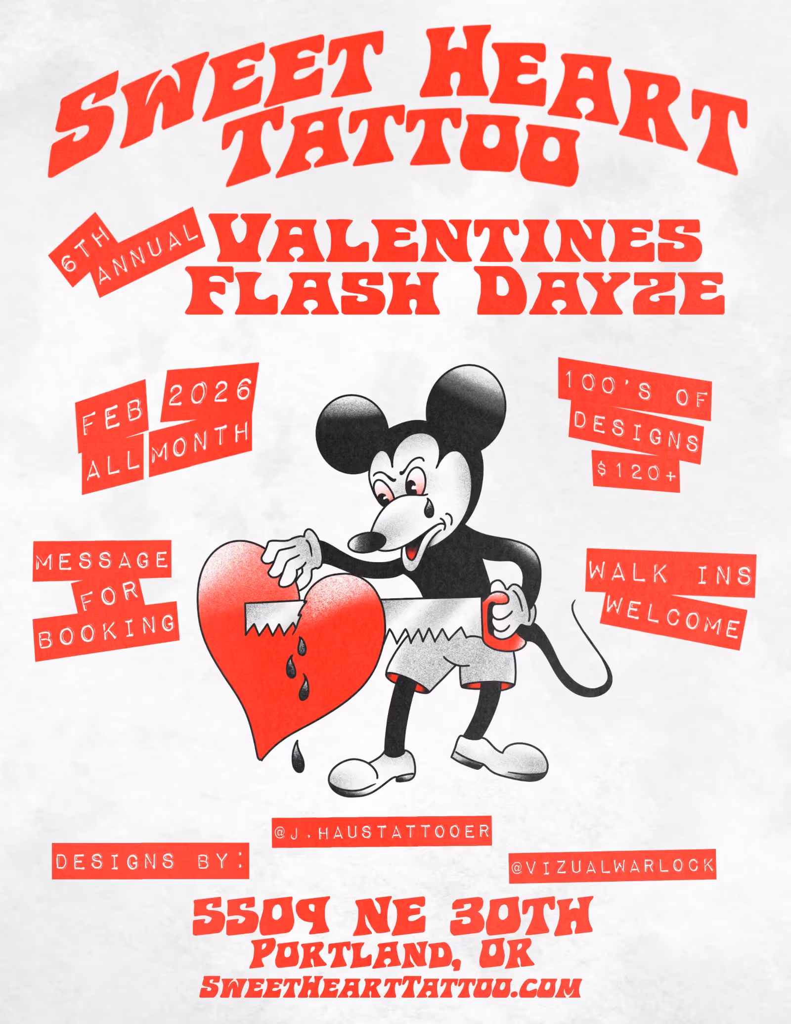 Flyer for Sweet Heart Tattoos 6th Annual Valentine's Flash Dayze. 