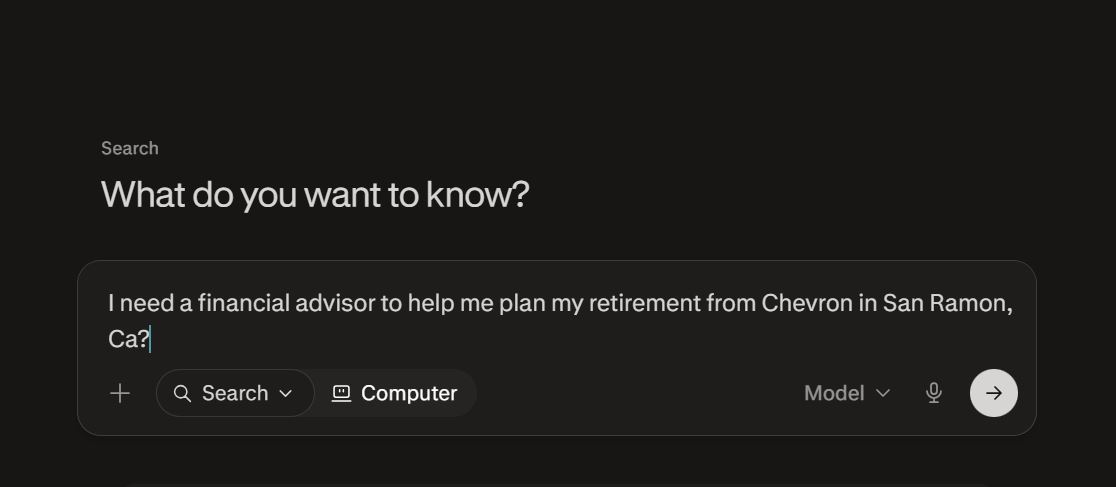A prospect asking Perplexity for a financial advisor for a corporate retirement plan