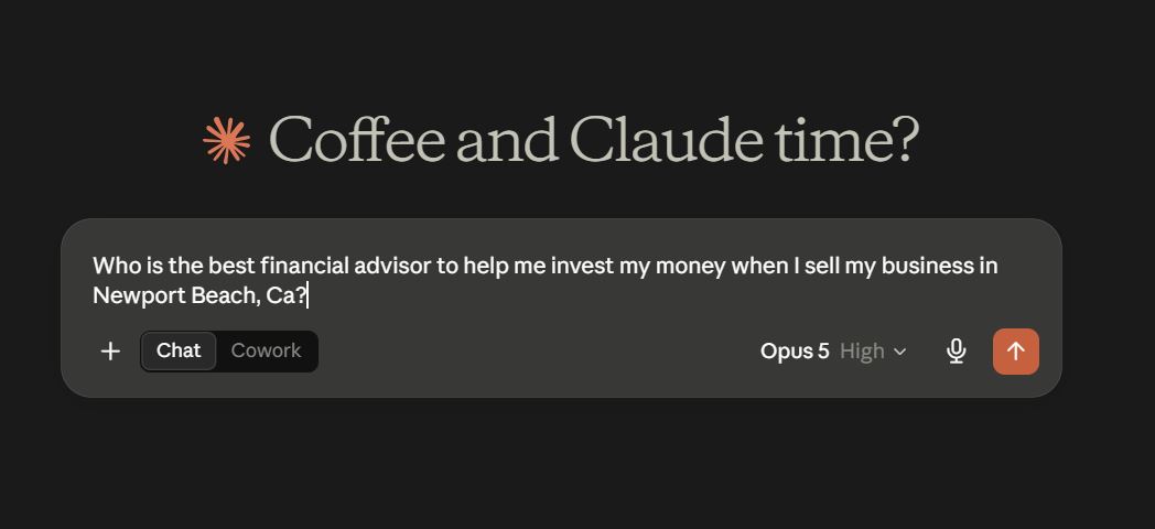 A prospect asking Claude for the best financial advisor after a business sale