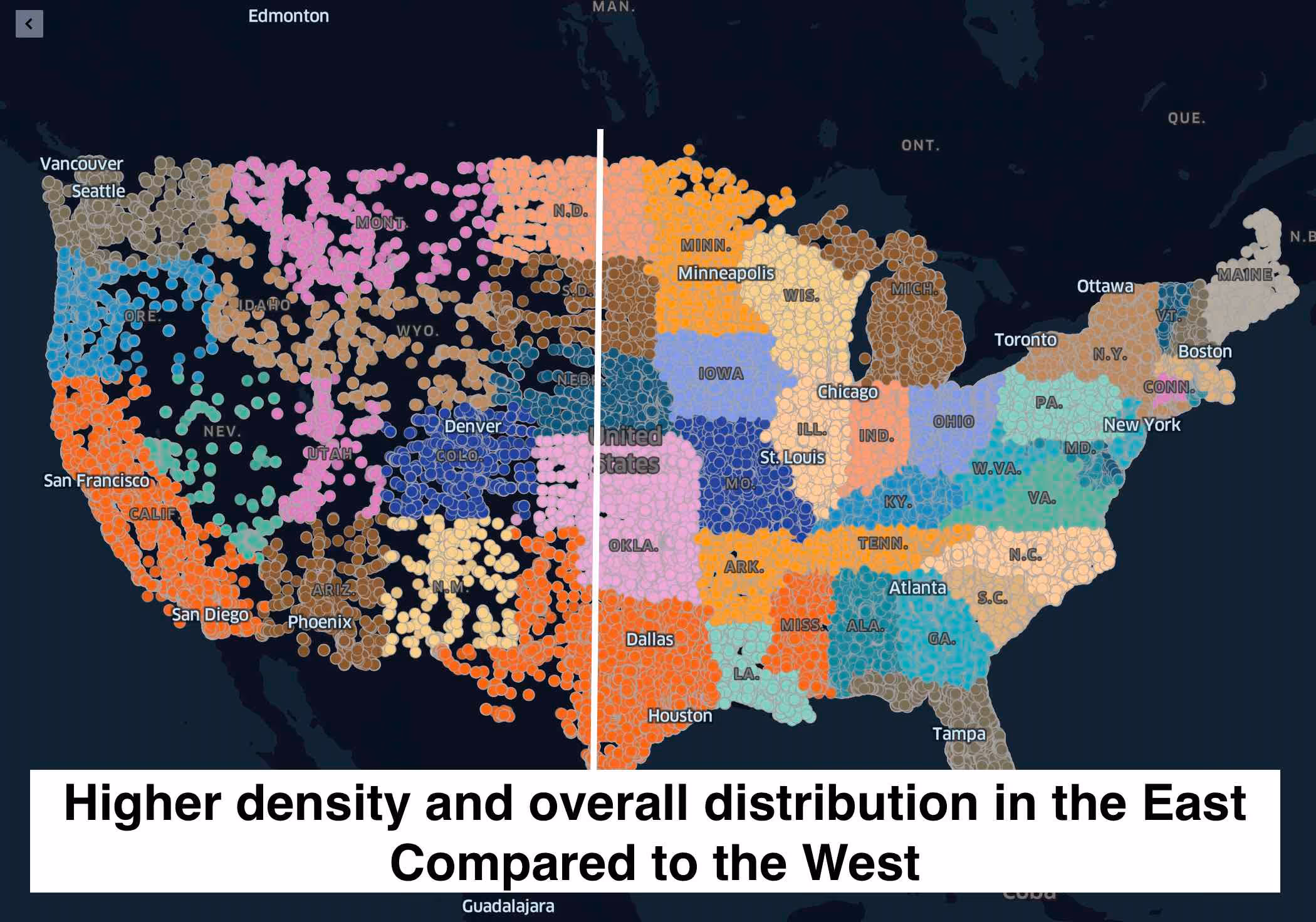 An image with a color-coded map of the USA in the background showing restaurant distribution per state