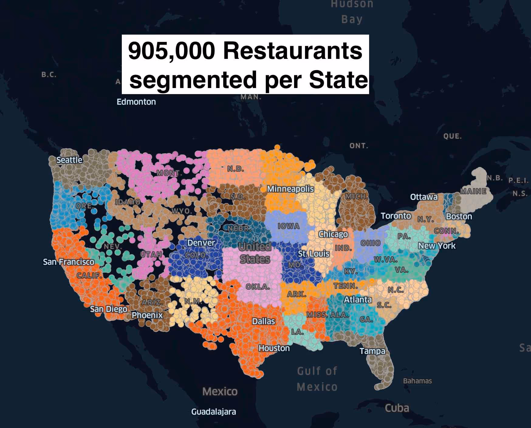 An image with a color-coded map of the USA in the background and the text '905,000 Restaurants segmented by state' at the top of the image.