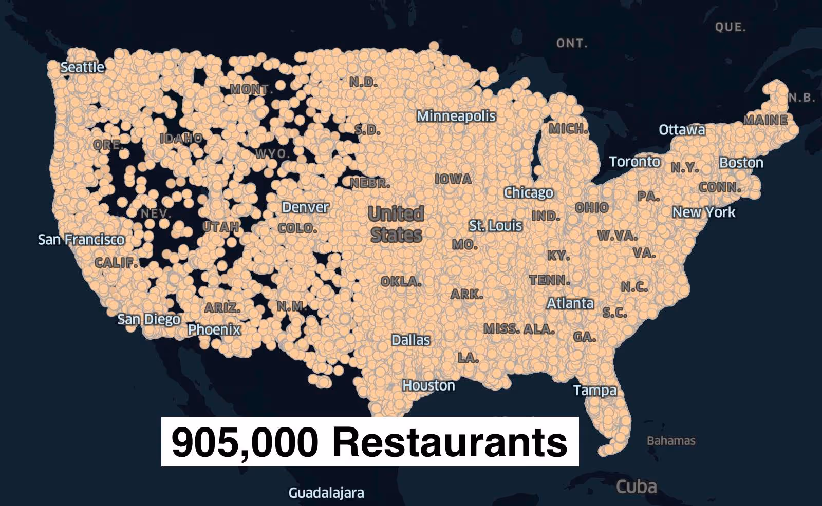 An image with a map of the USA in the background and the text '905,000 Restaurants' at the bottom of the image.