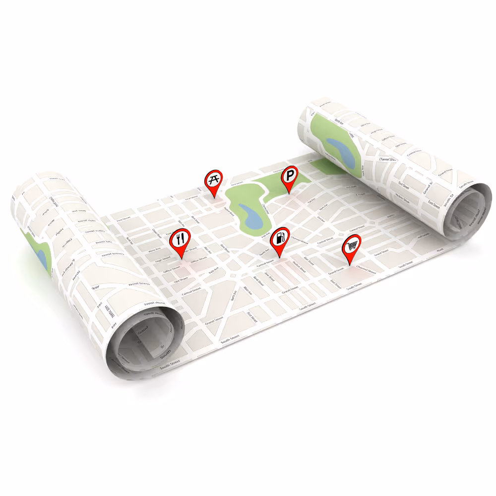 An image of a map wrapped up like a partially opened scroll with 5 red navigation/location icons on it