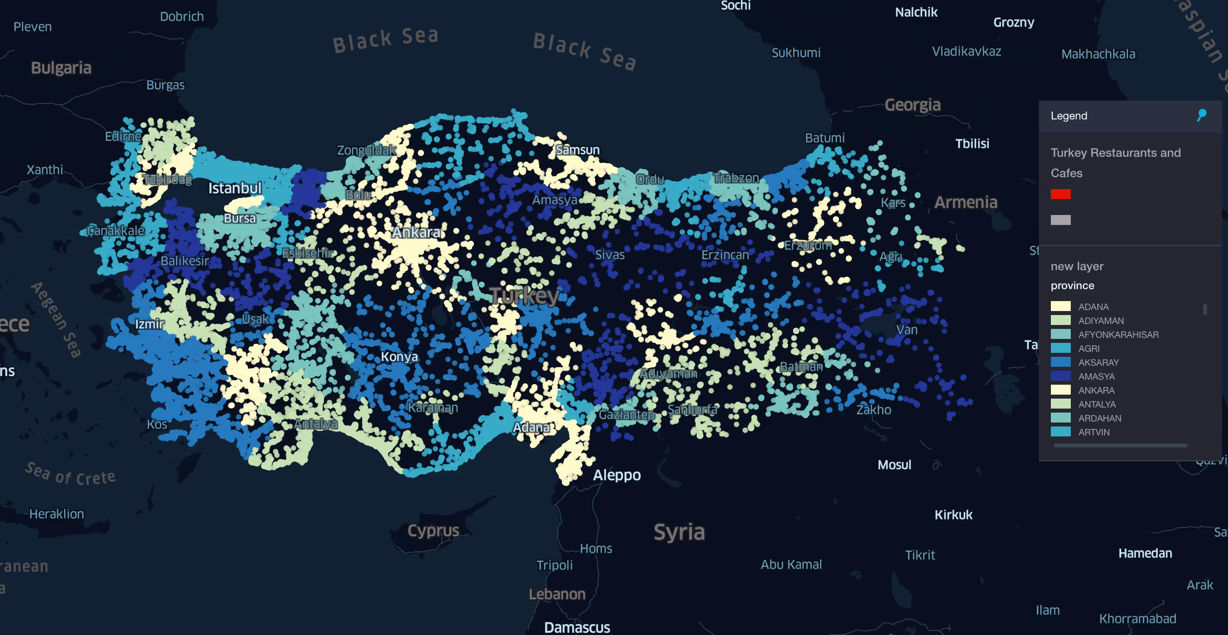 An image of a color-coded (blue and yellow shades) map of Turkey also known as a choropleth map