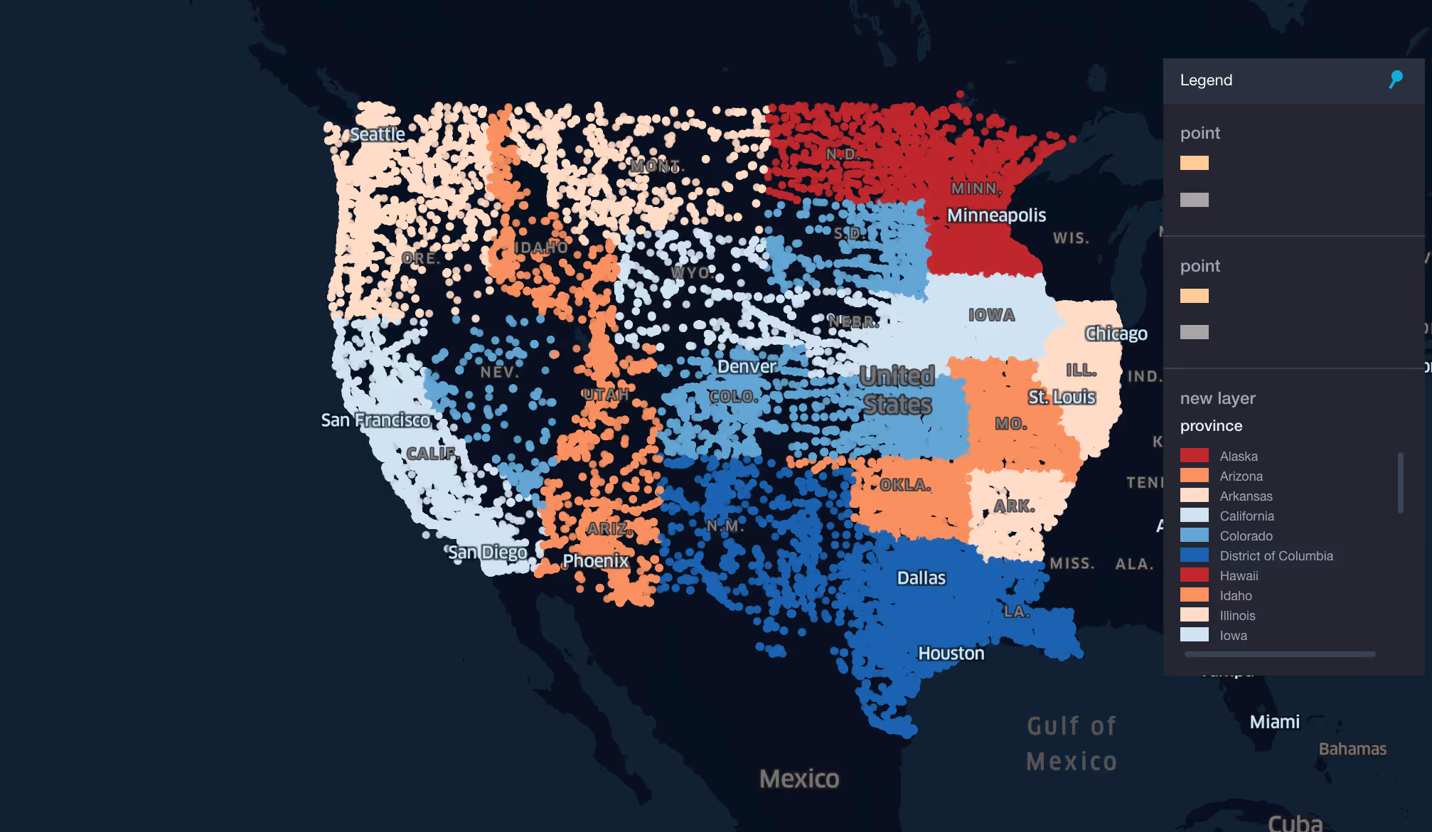 An image of a color-coded (blue, red and orange shades) map of the USA also known as a choropleth map