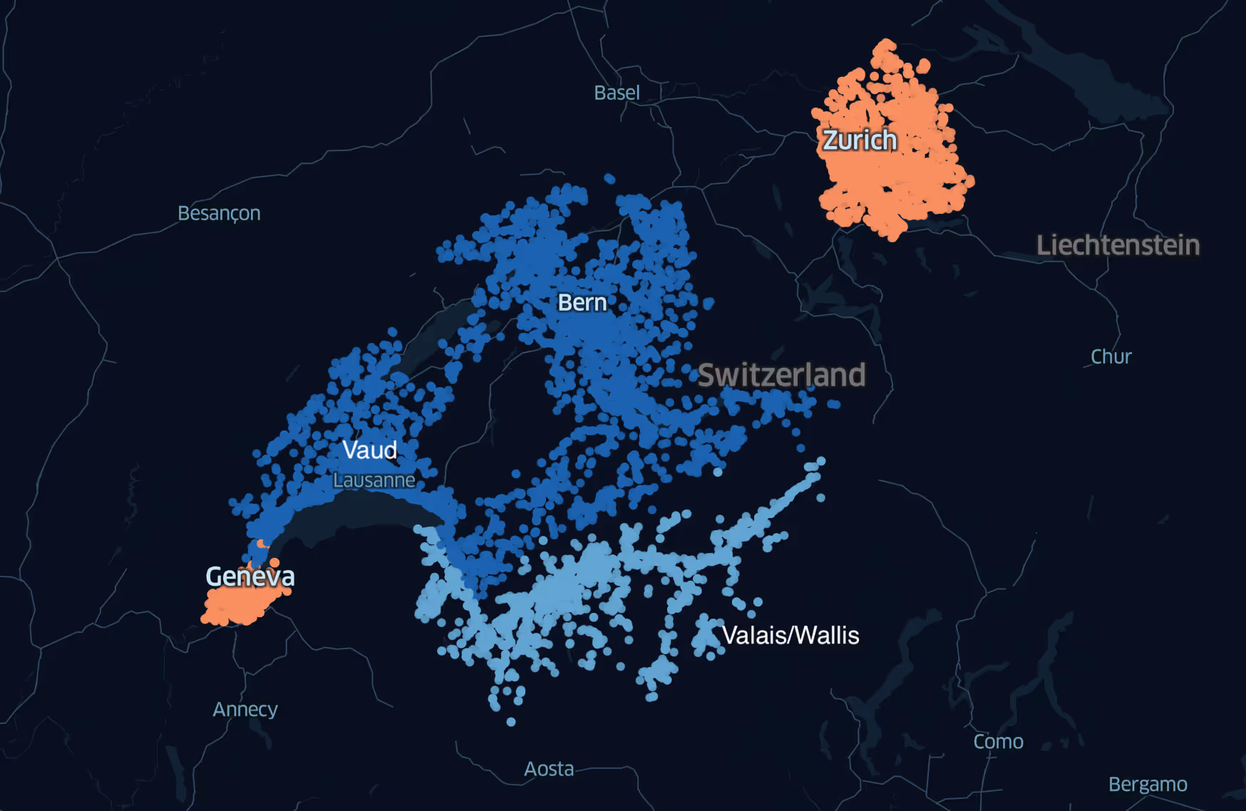 An image of a color-coded (blue and orange shades) map of Switzerland also known as a choropleth map
