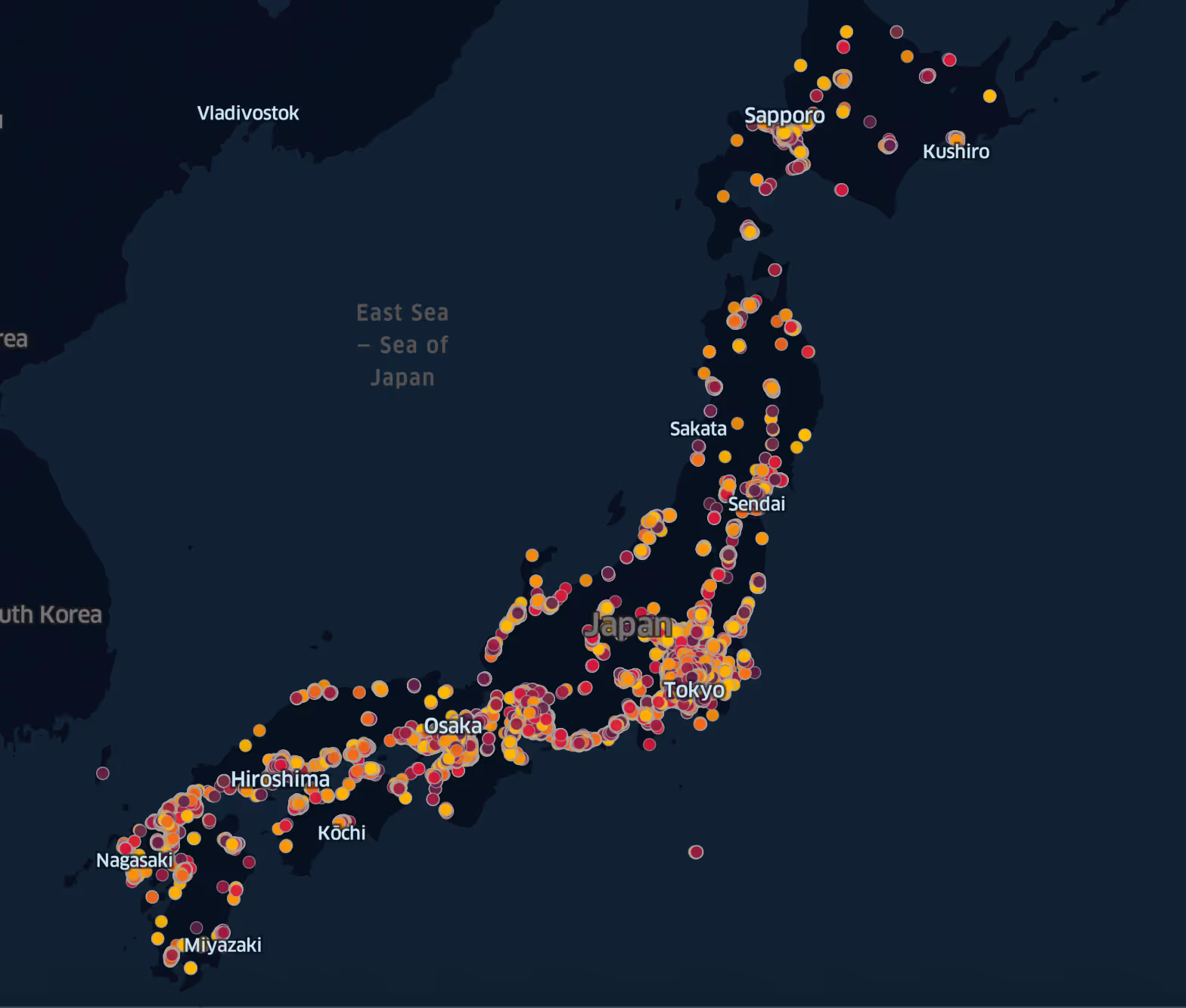 An image of the map of Japan with tiny circles across the map each representing a restaurant in Japan