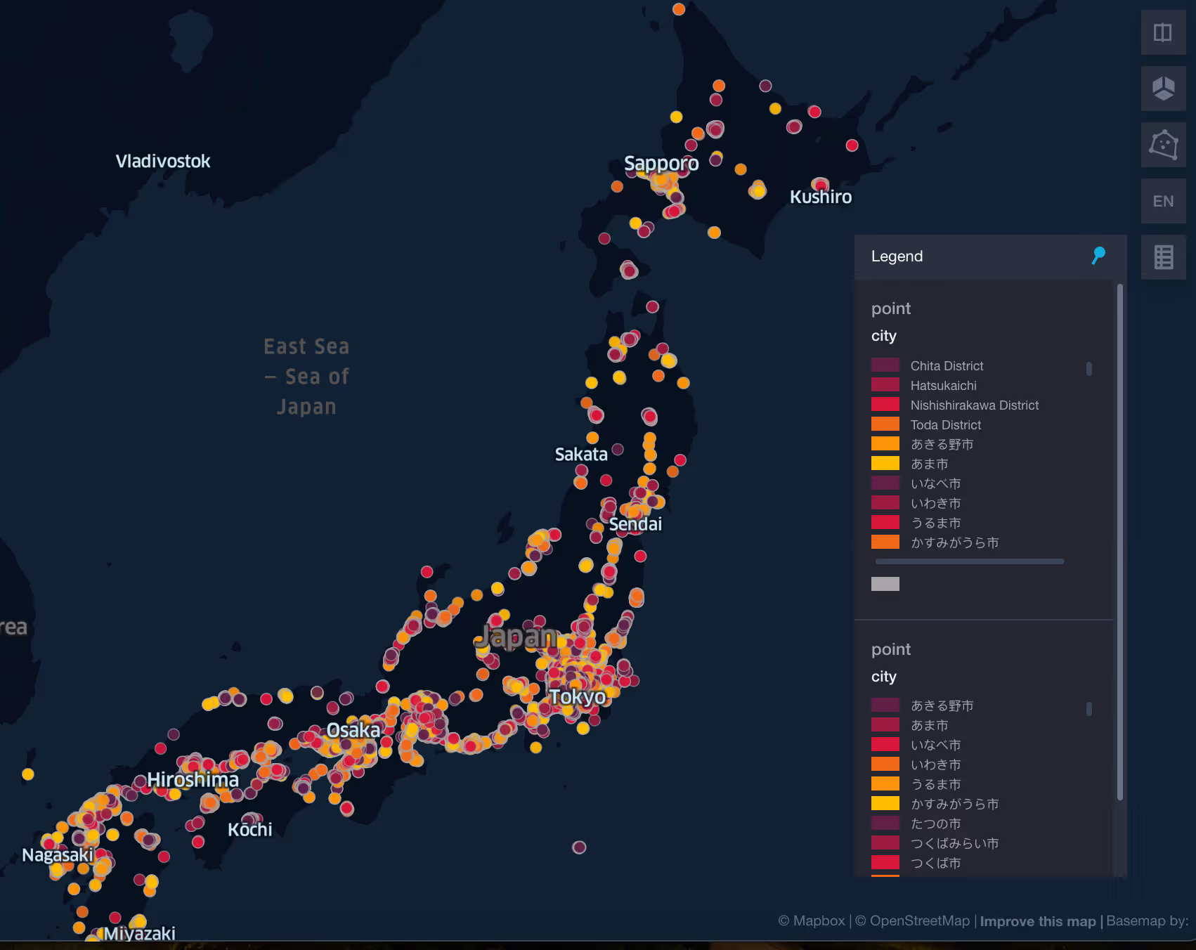 An image of the map of Japan with tiny circles across the map each representing a restaurant in different cities