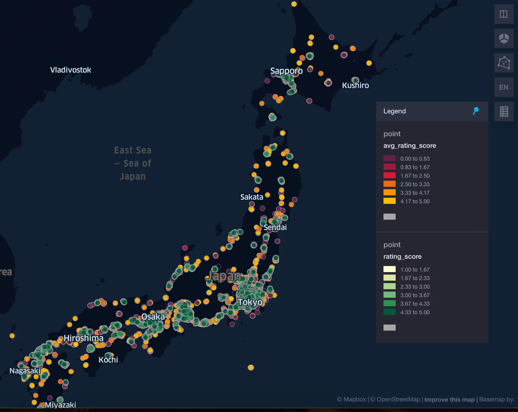 An image of the map of Japan with tiny circles across the map each representing a restaurant in Japan and their rating score