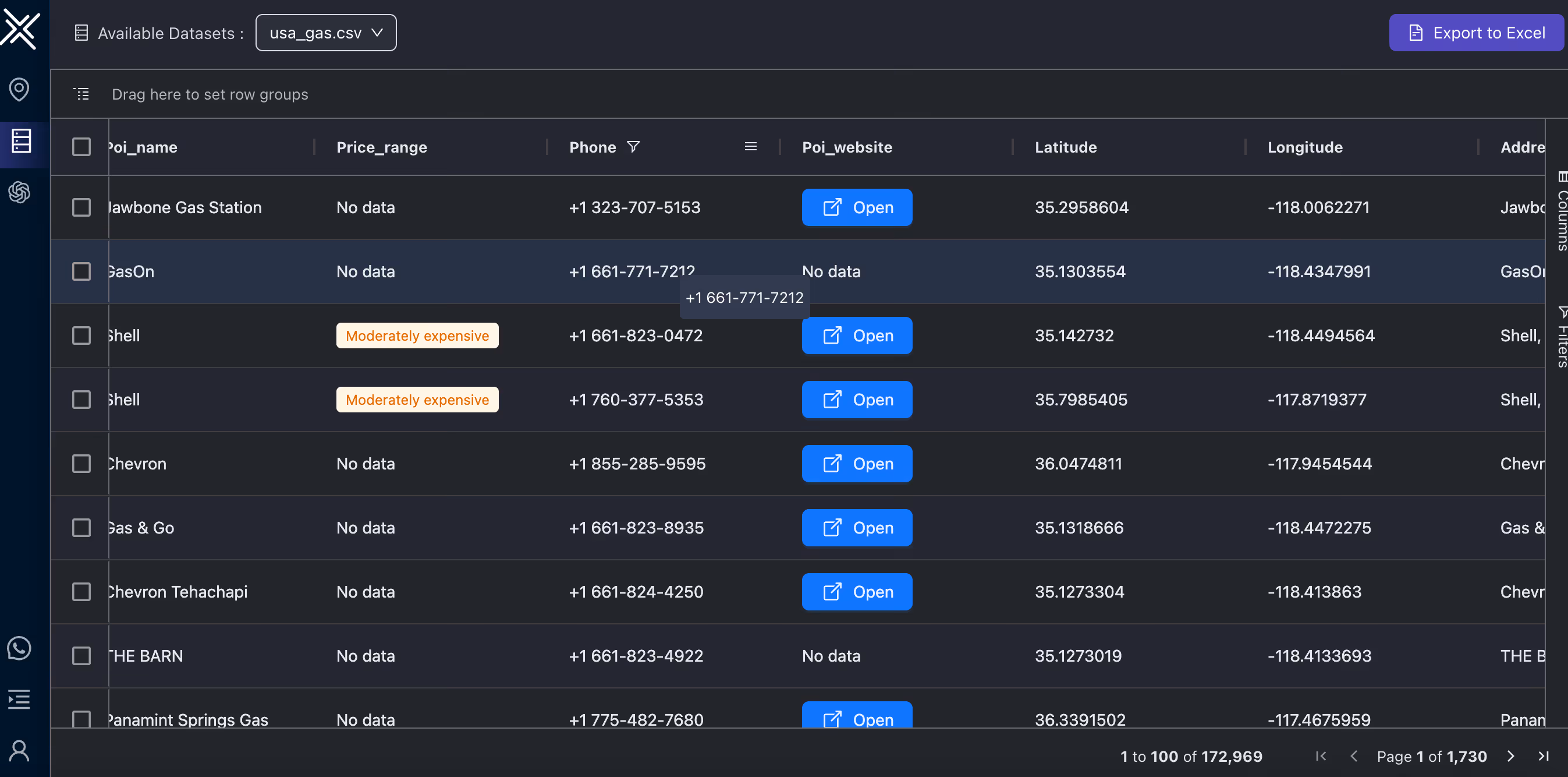 An image with a tabular view of xMap Studio platform showing data columns titled: poi-name, price-range, phone, poi-website, latitude, longitude, and address