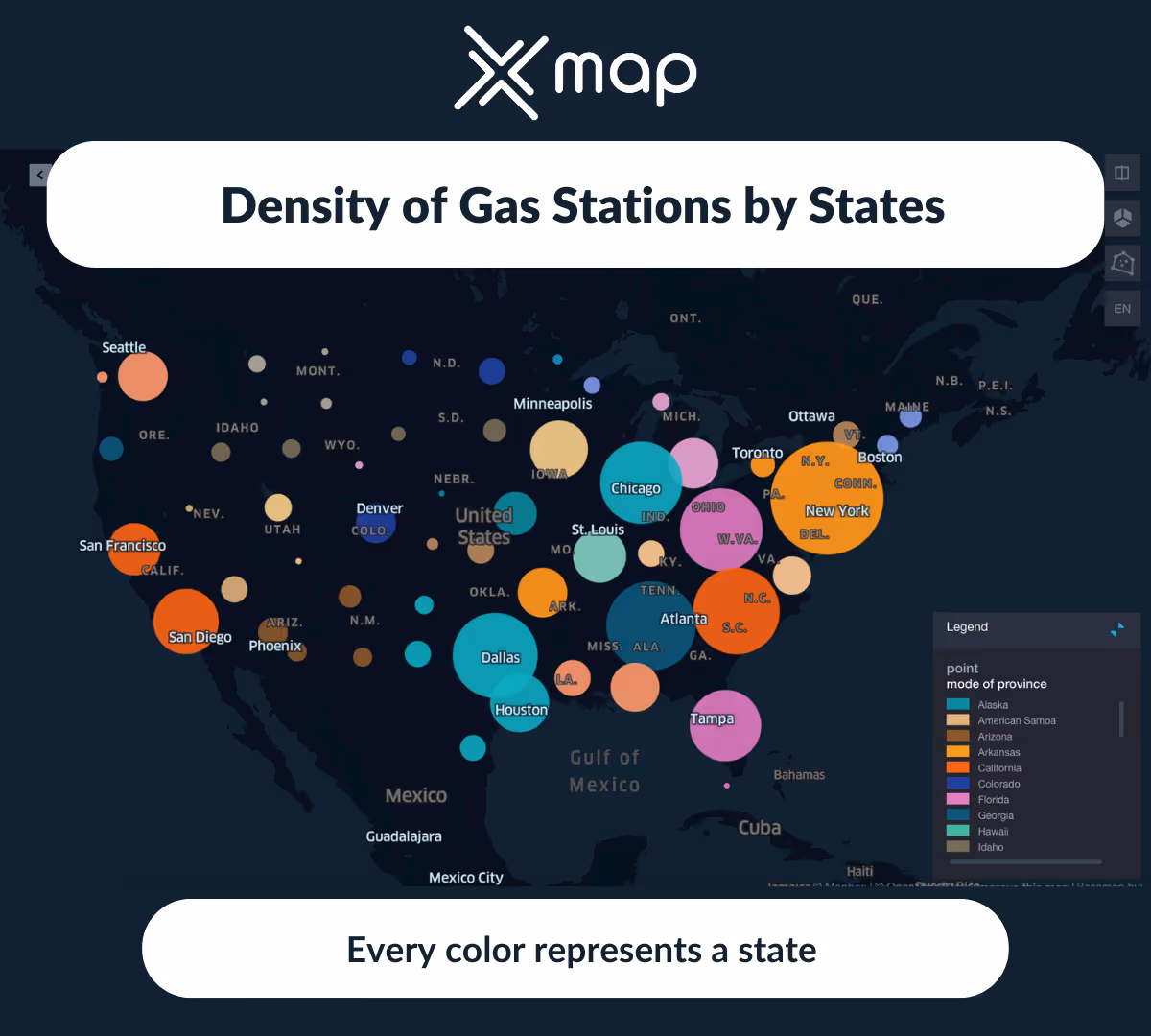 An image with a cluster map of the USA in the background and the text 'Density of gas stations by states'