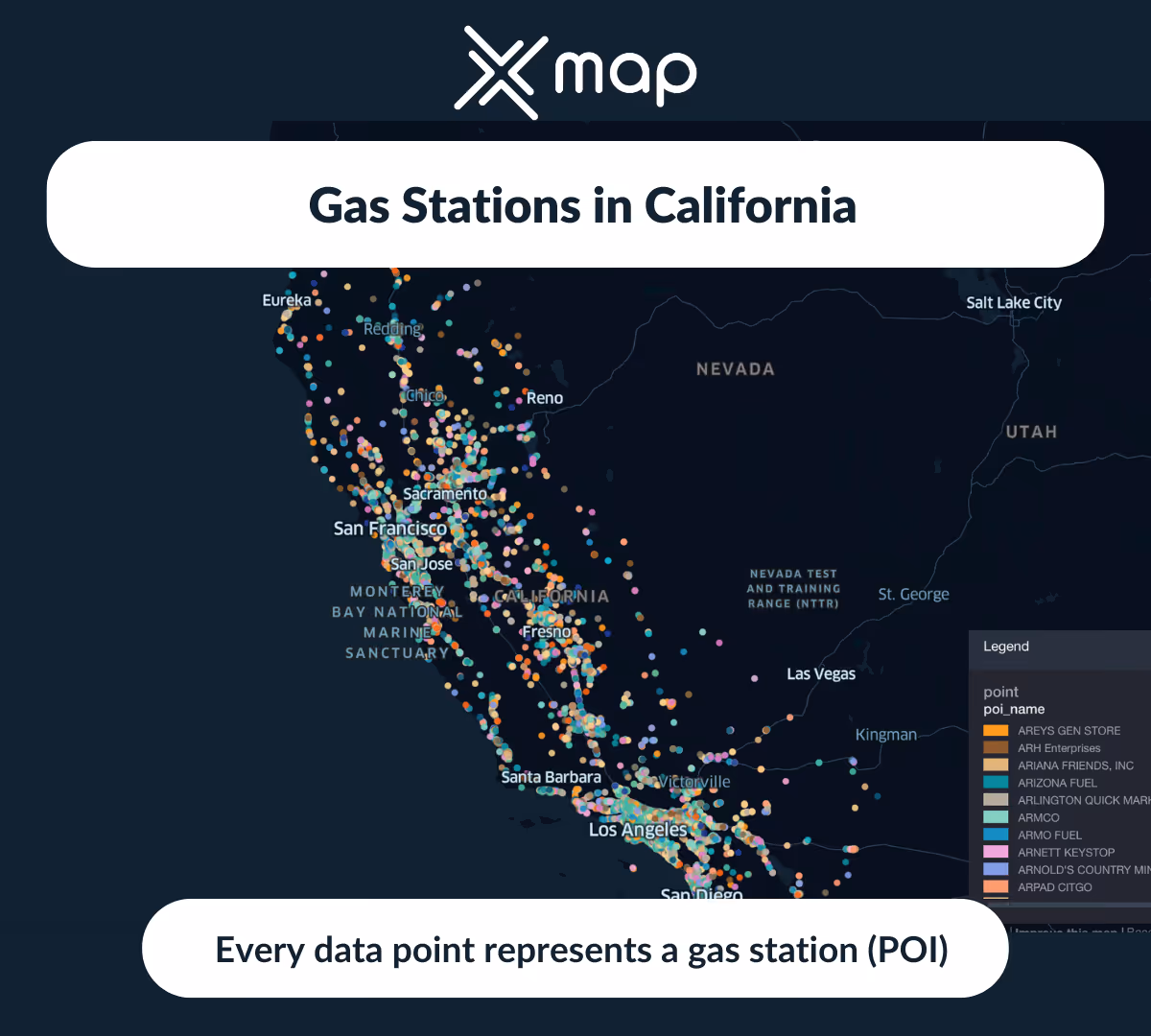 An image with a color-coded map of California in the background and the text 'Gas stations in California'
