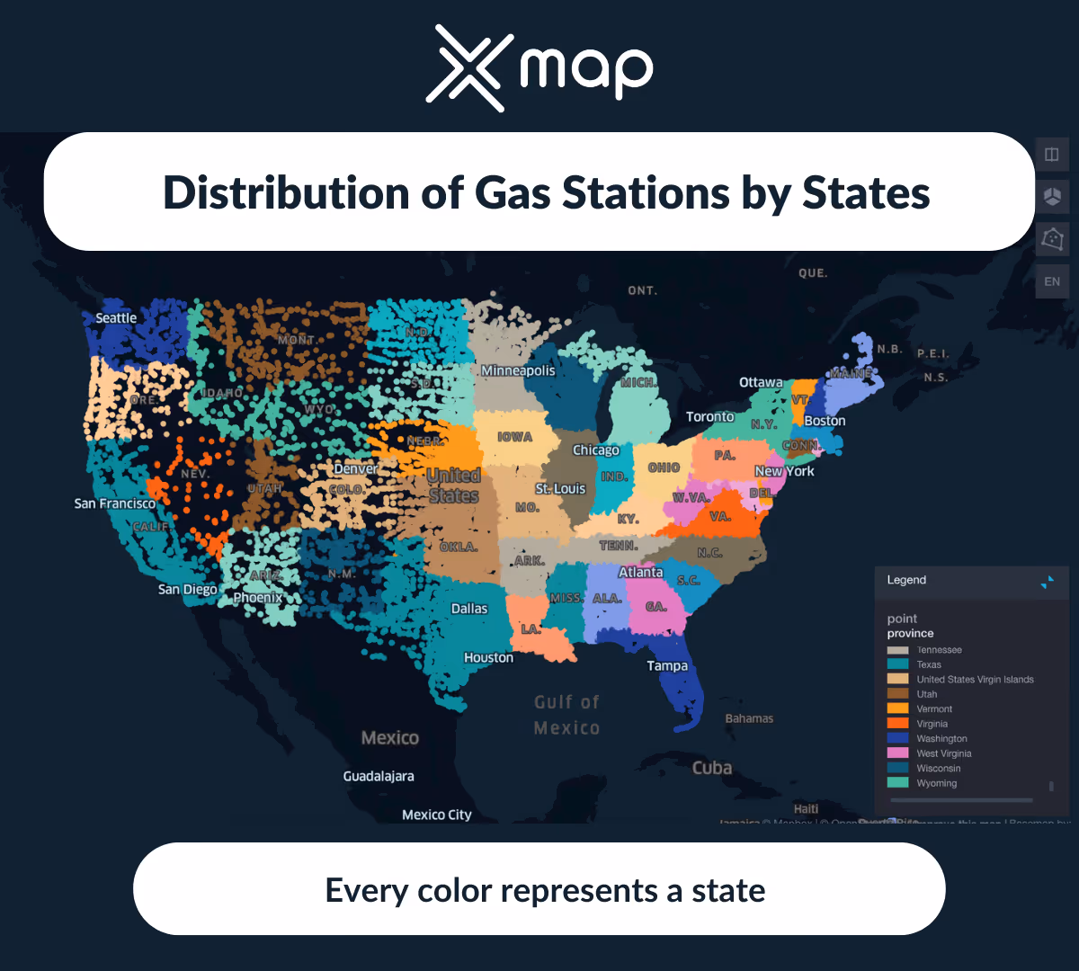 An image with a color-coded map of the USA in the background and the text 'Distribution of gas stations by states'