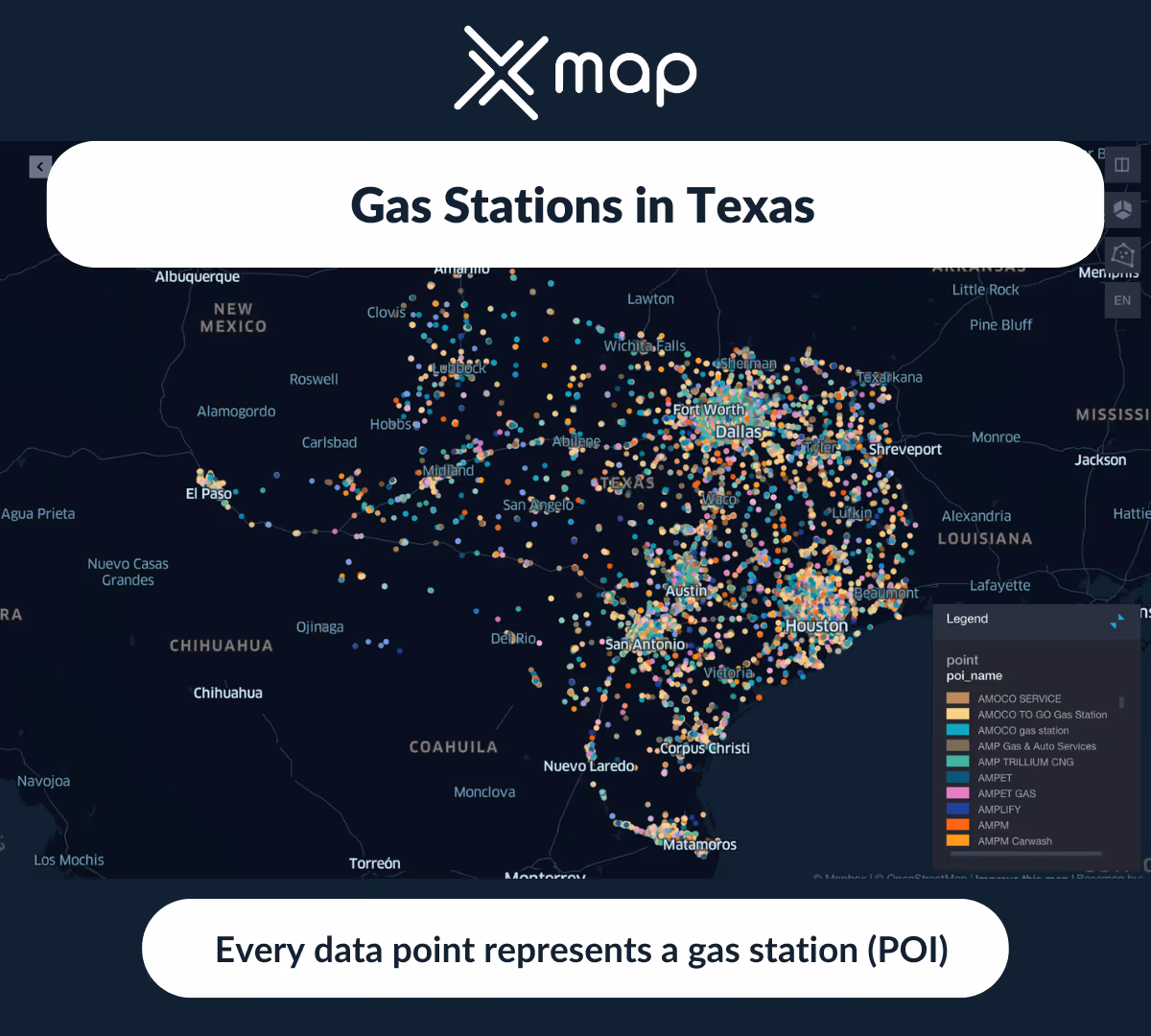 An image with a color-coded map of Texas in the background and the text 'Gas stations in Texas'