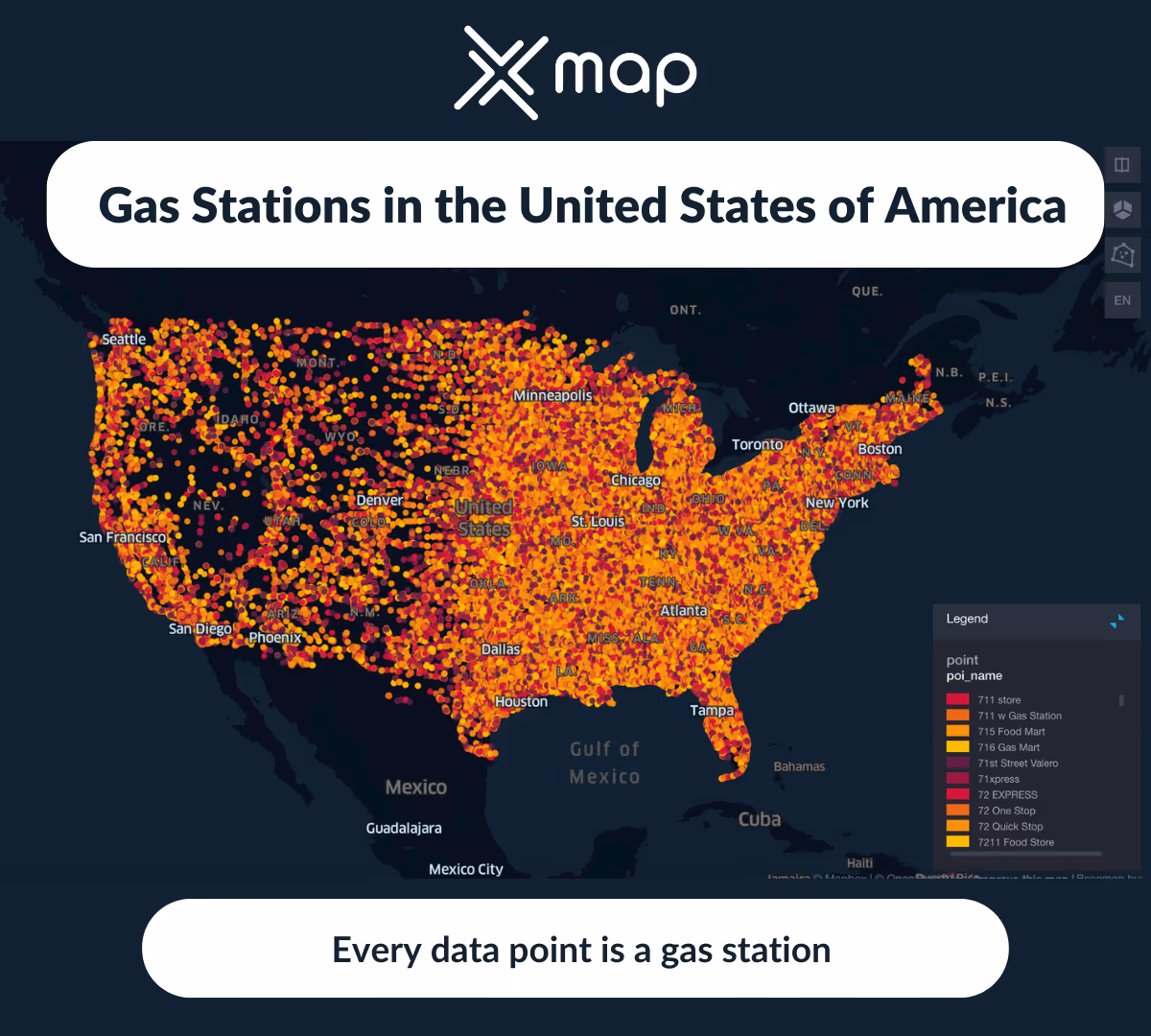 An image with a map of the USA in the background and the text 'Gas stations in the United States of America' points of interest map visualization