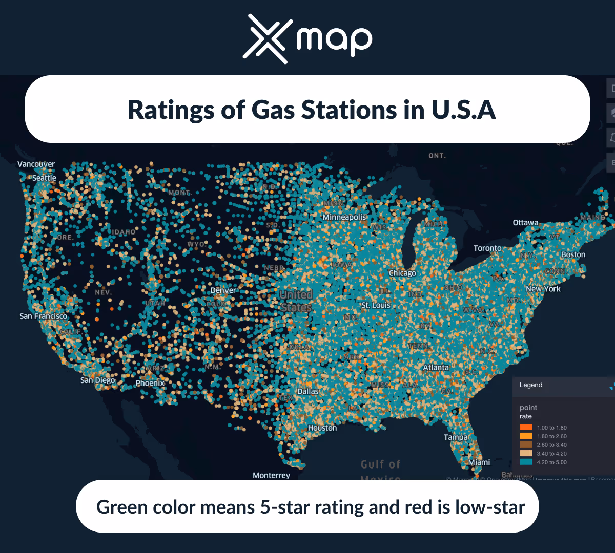 An image with a color-coded map of the USA in the background and the text 'Ratings of gas stations in the USA'