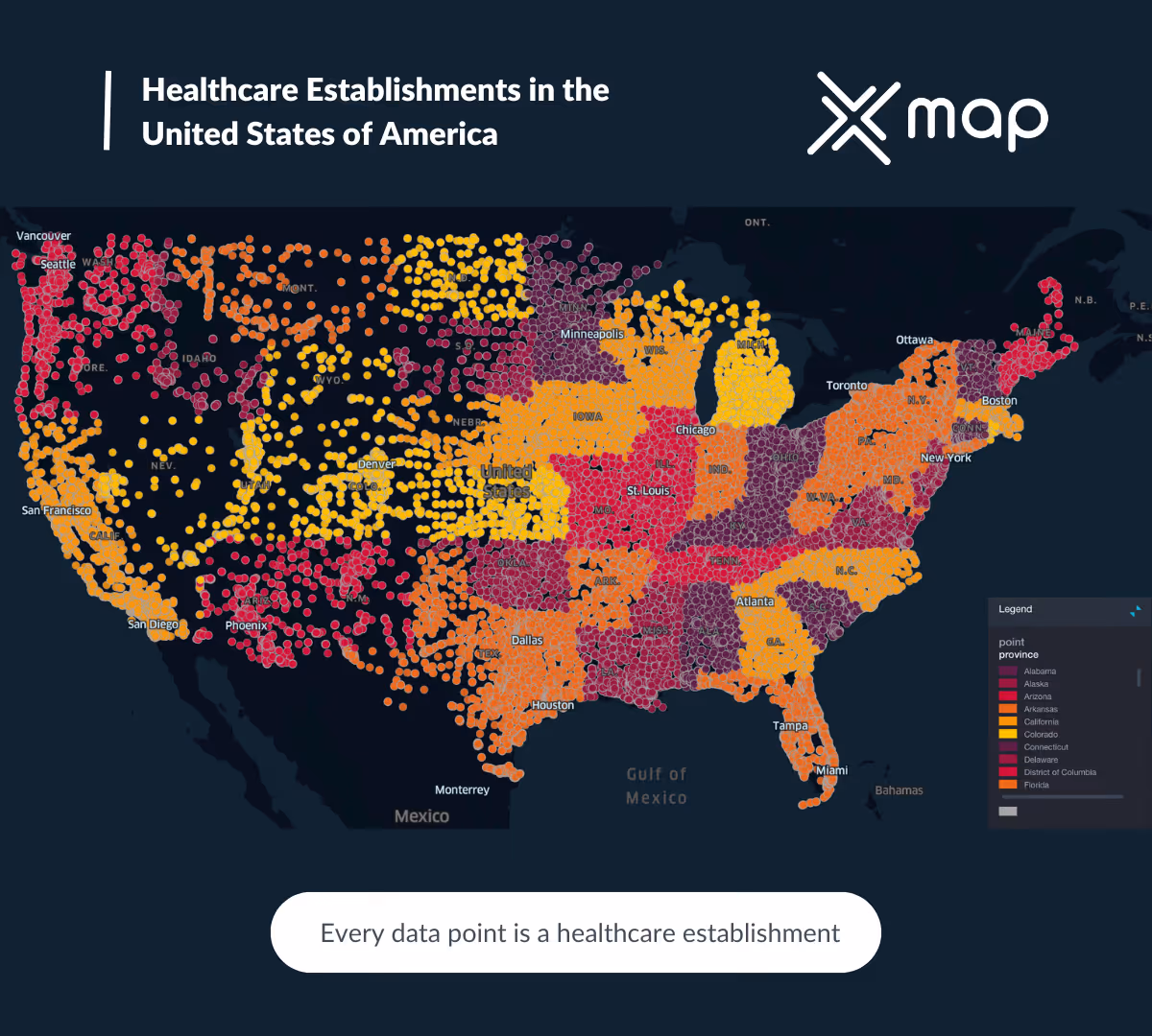 An image with a color-coded map of the USA in the background and the text 'Healthcare establishments in the United States of America'