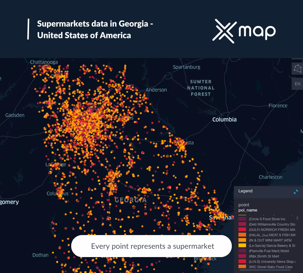 An image with the title 'Supermarkets data in Georgia- United States of America' with xMap's logo on the top right and a map of Georgia in the background with orange and red points of interest representing supermarkets in Georgia