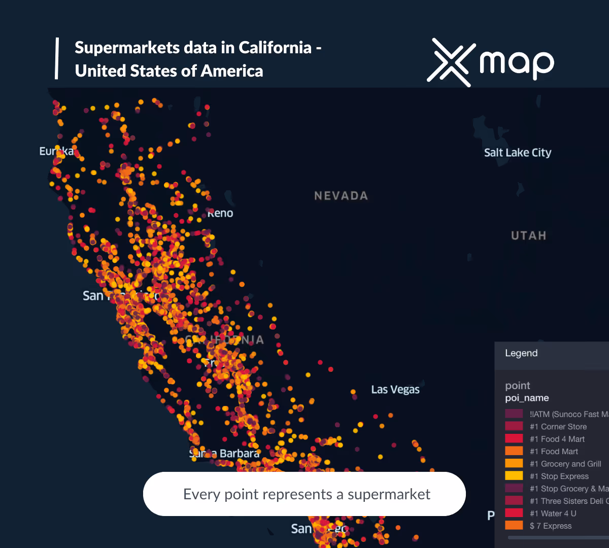 An image with the title 'Supermarkets data in California-United States of America' with xMap's logo on the top right and a map of California in the background with orange and red points of interest representing supermarkets in the USA.