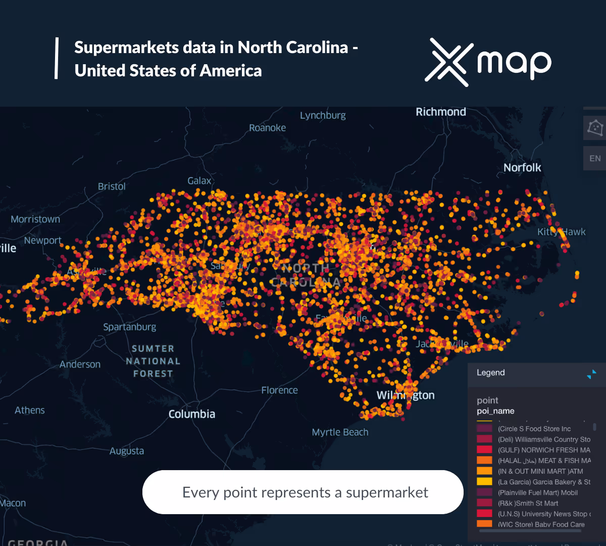 An image with the title 'Supermarkets data in North Carolina- United States of America' with xMap's logo on the top right and a map of North Carolina in the background with orange and red points of interest representing supermarkets in North Carolina