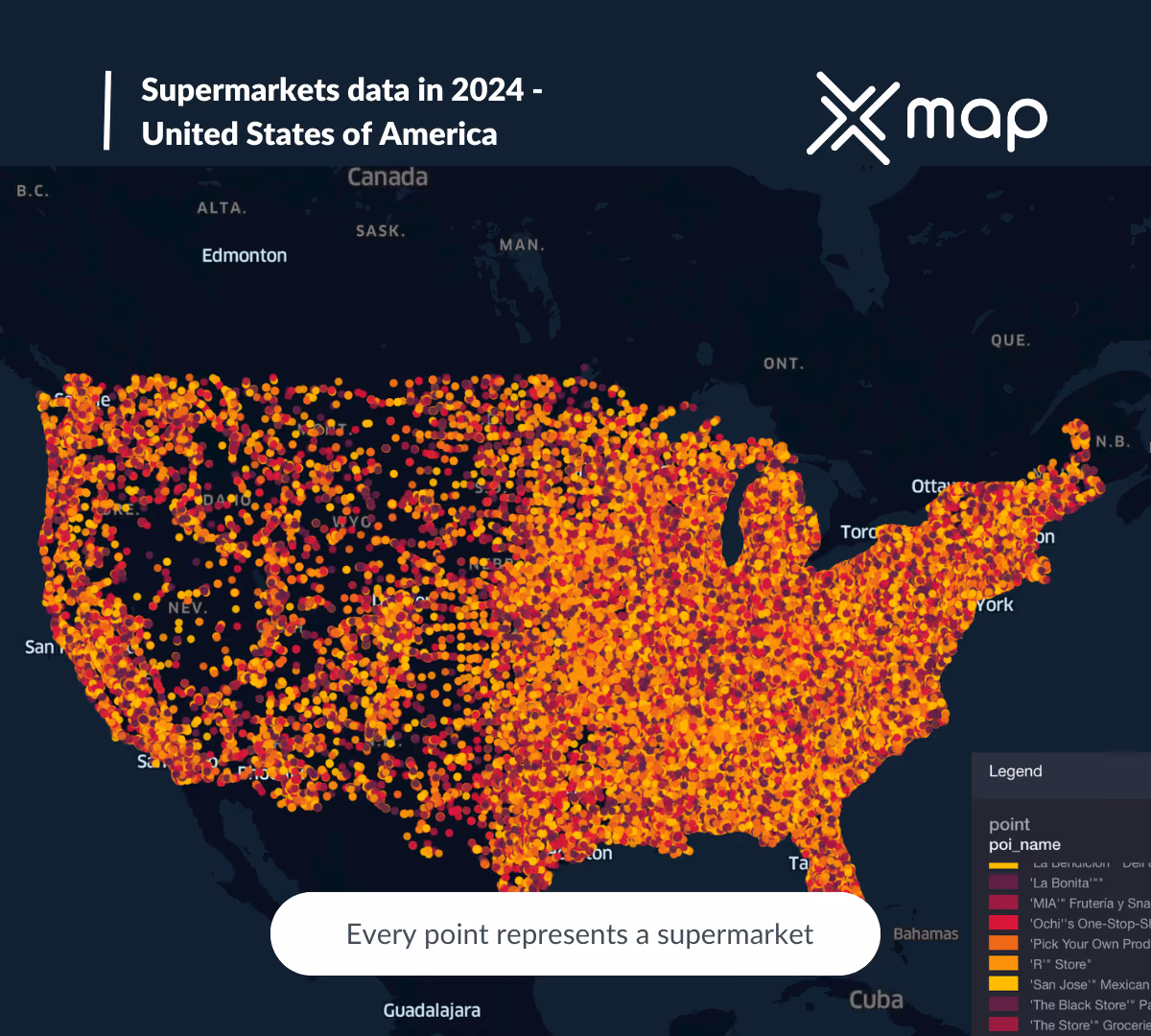 An image with the title 'supermarkets data in 2024-United States of America' with xMap's logo on the top right and a map of the USA in the background with orange points of interest representing supermarkets in the USA.