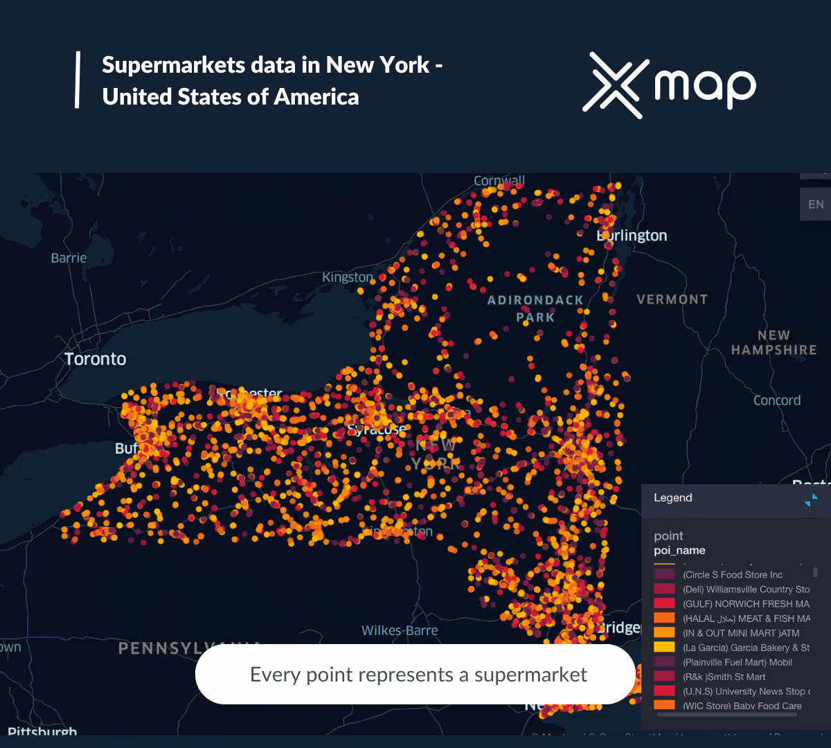 An image with the title 'Supermarkets data in New York - United States of America' with xMap's logo on the top right and a map of New York in the background with orange and red points of interest representing supermarkets in New York.