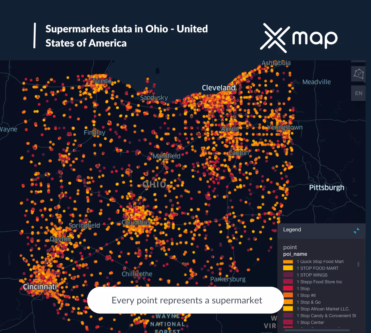 An image with the title 'Supermarkets data in Ohio - United States of America' with xMap's logo on the top right and a map of Ohio in the background with orange and red points of interest representing supermarkets in Ohio