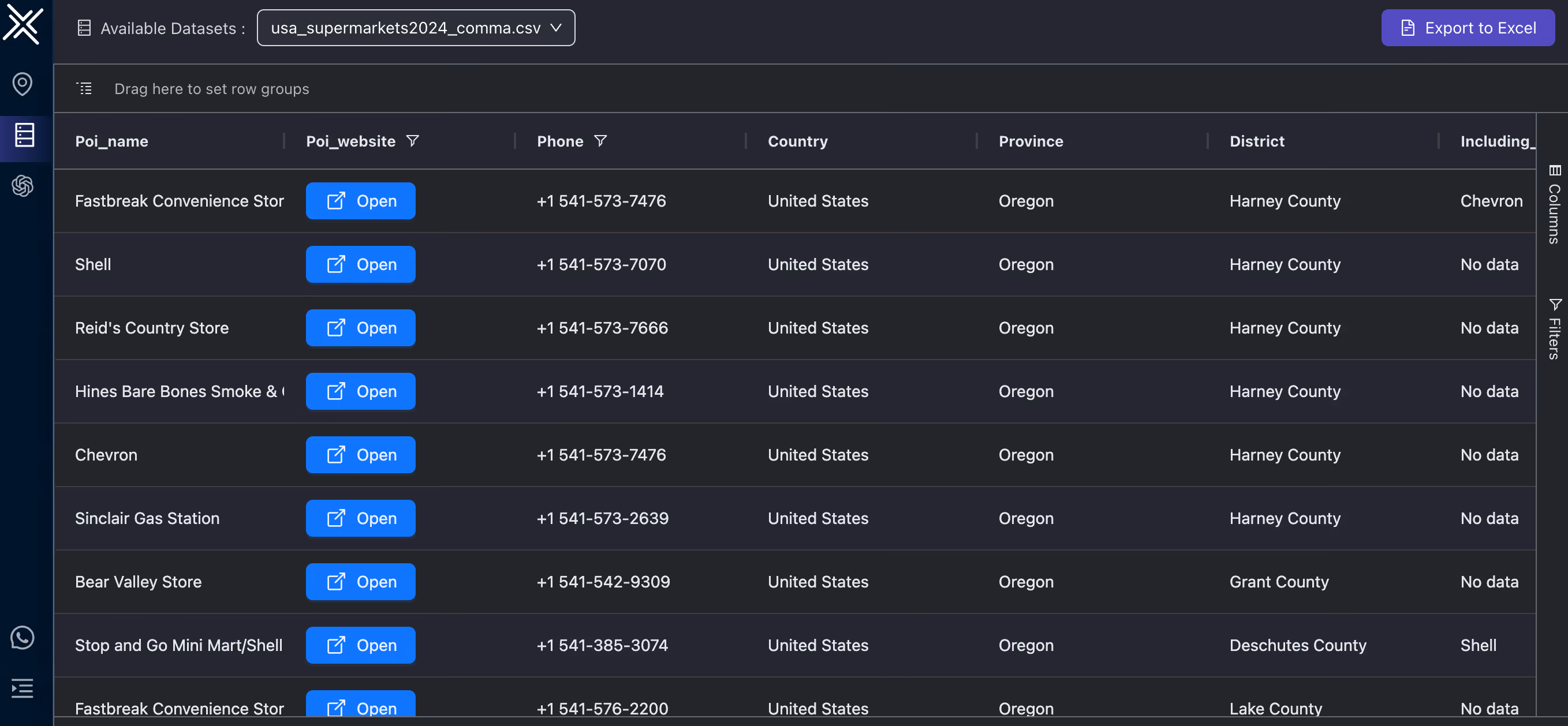 An image with a tabular view of xMap Studio platform showing data columns titled: poi-name, poi-website, phone, country, province, and district