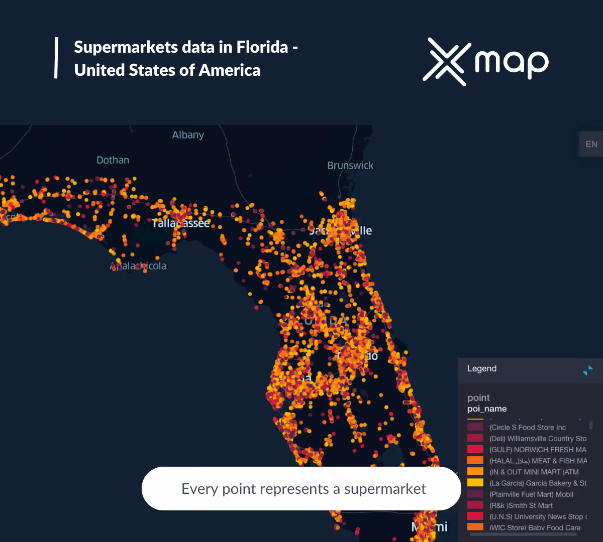 An image with the title 'Supermarkets data in Florida - United States of America' with xMap's logo on the top right and a map of Florida in the background with orange and red points of interest representing supermarkets in Florida