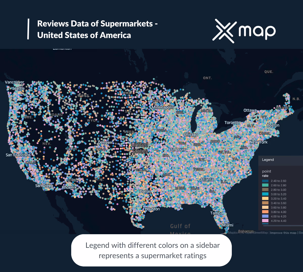 An image with the title 'Review data of supermarkets - United States of America' with xMap's logo on the top right and a map of the USA in the background with green, blue, pink, and yellow points of interest on the map representing supermarkets in the USA.