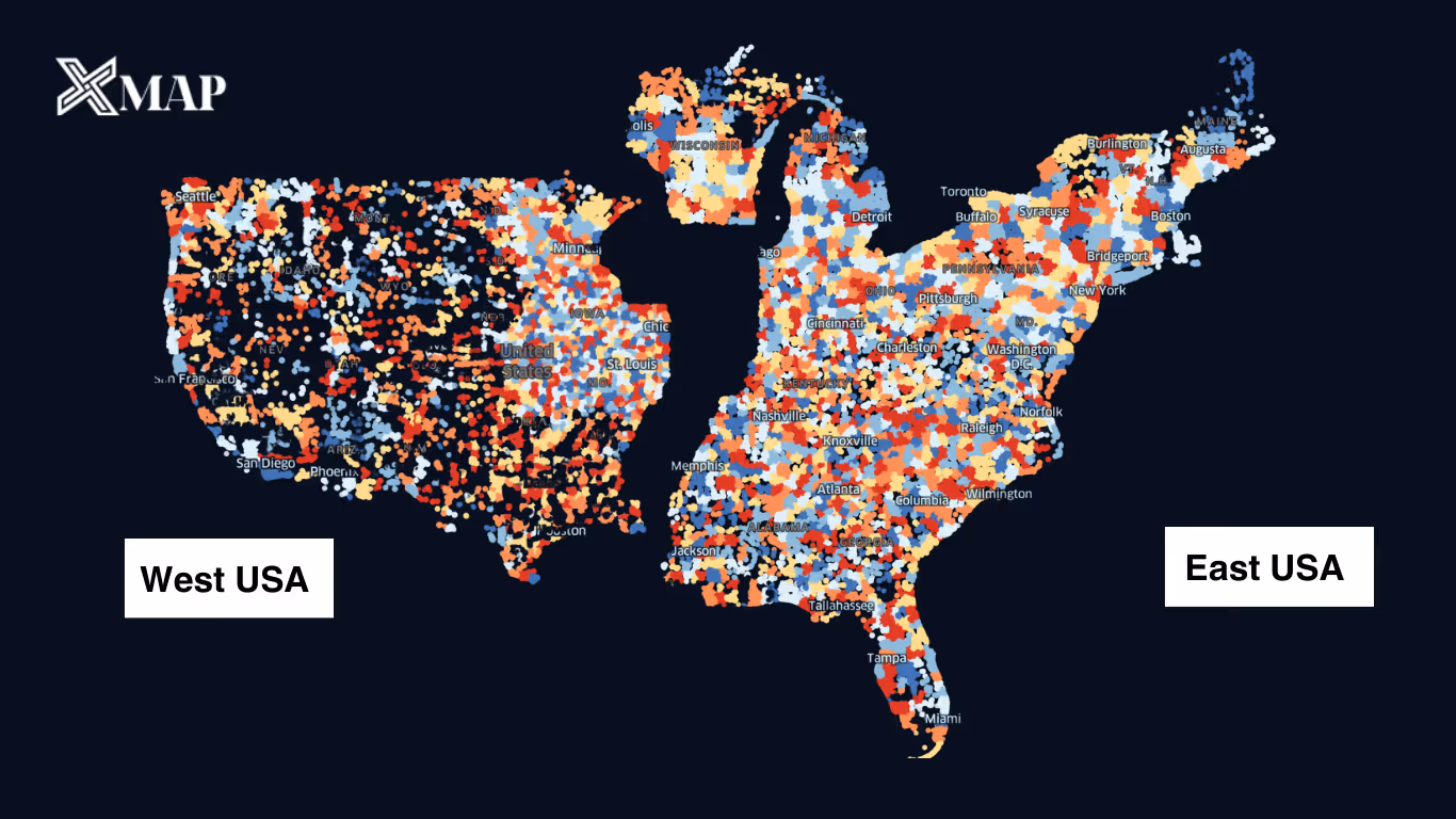 An image with the text 'West USA vs East USA' with xMap's logo on the top left and a map of the USA in the background