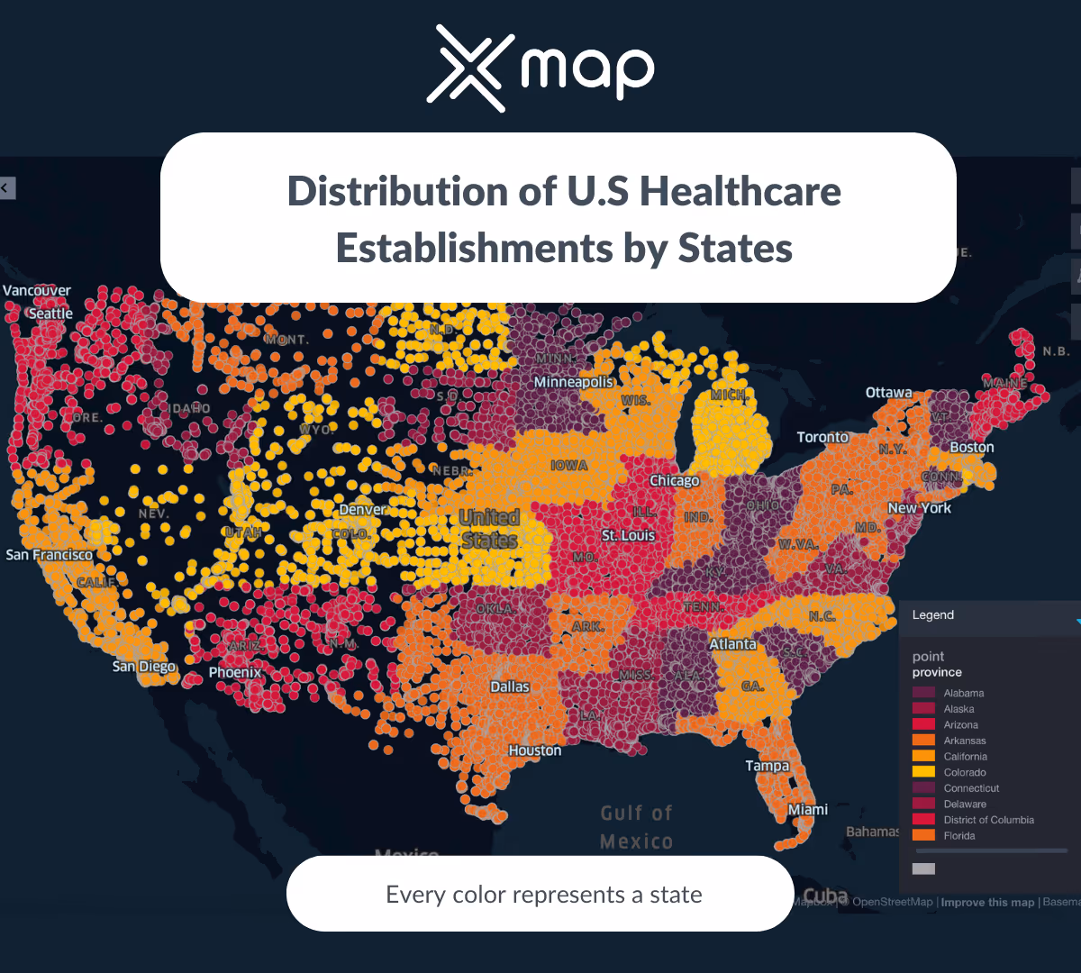 An image with a color-coded map of the USA in the background and the text 'Distribution of healthcare establishments by states'