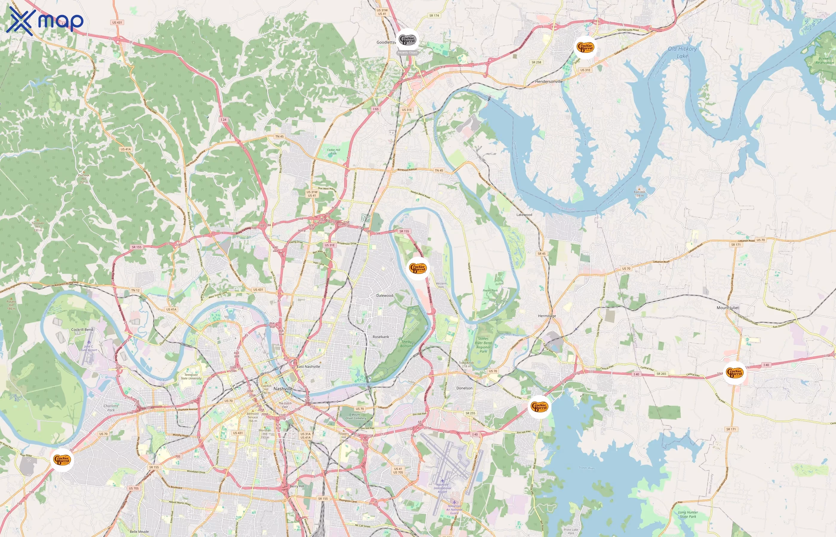 Cracker Barrel Old Country Store area coverage