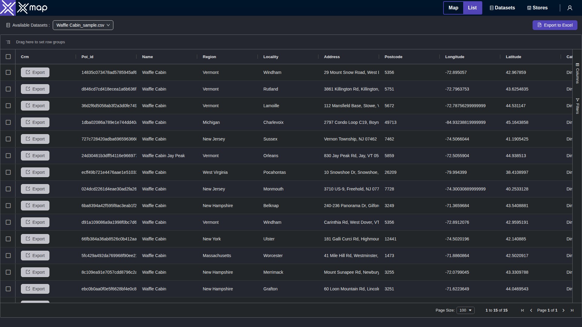 Waffle Cabin data table