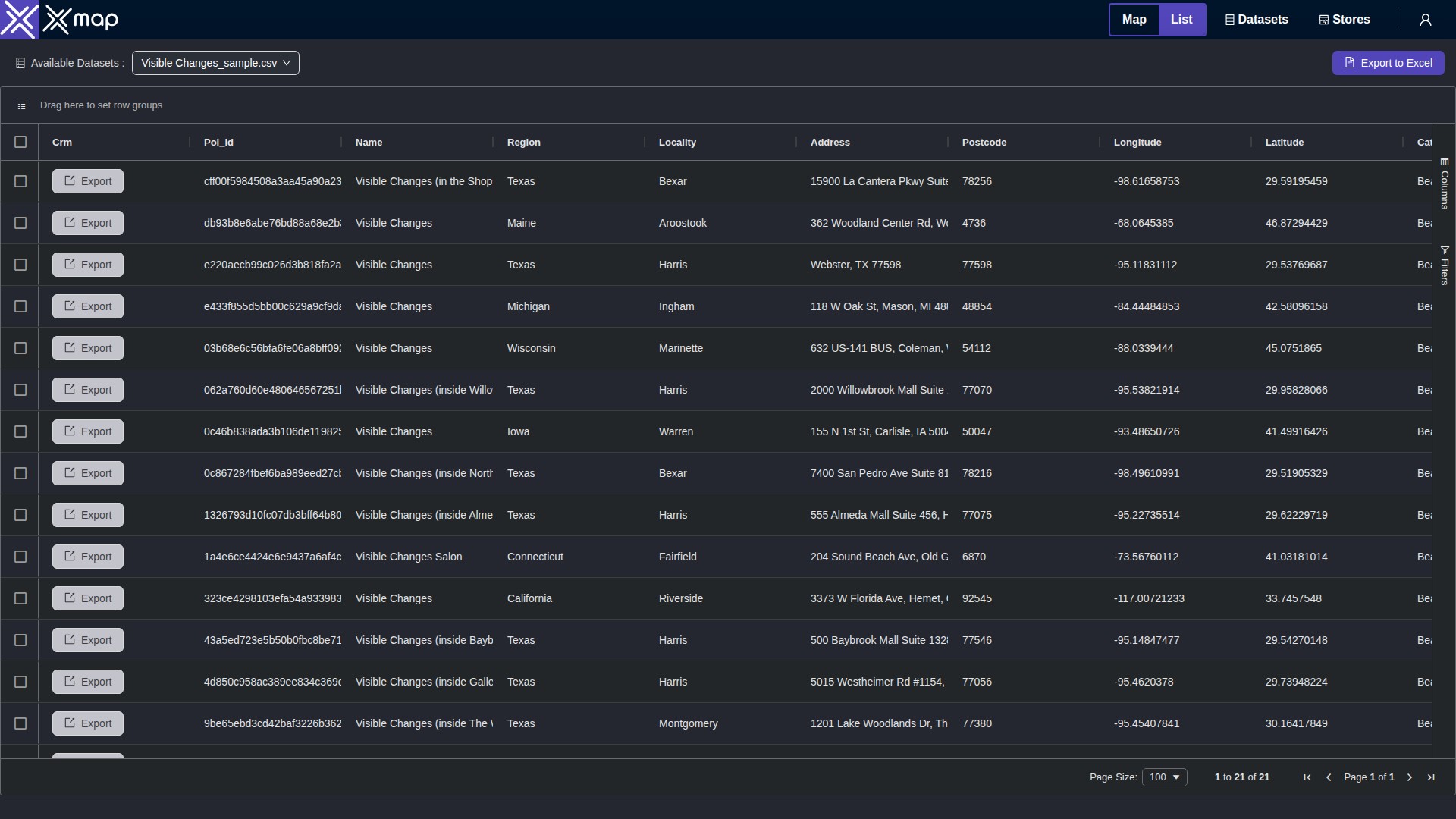 Visible Changes data table