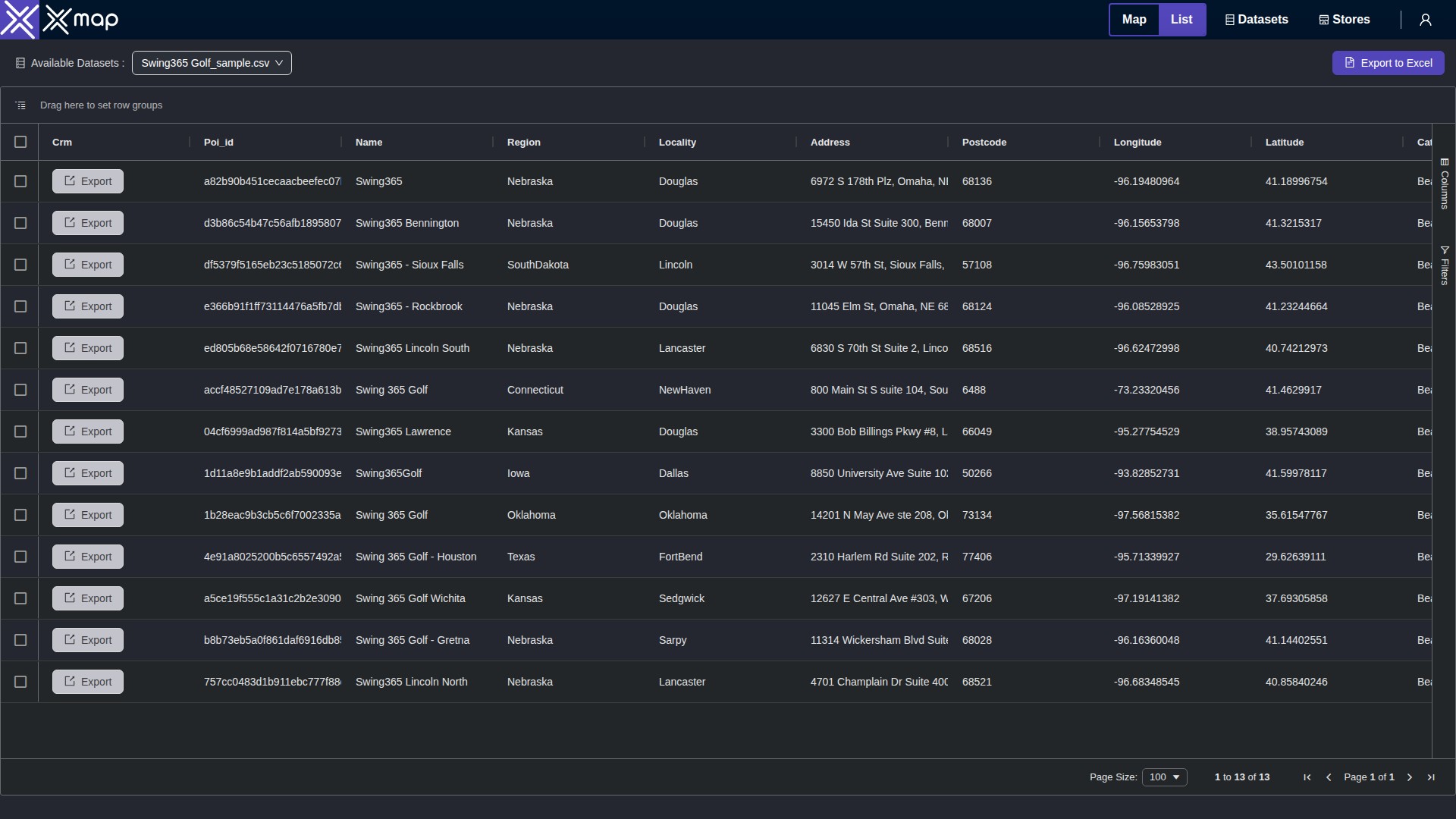 Swing365 Golf data table