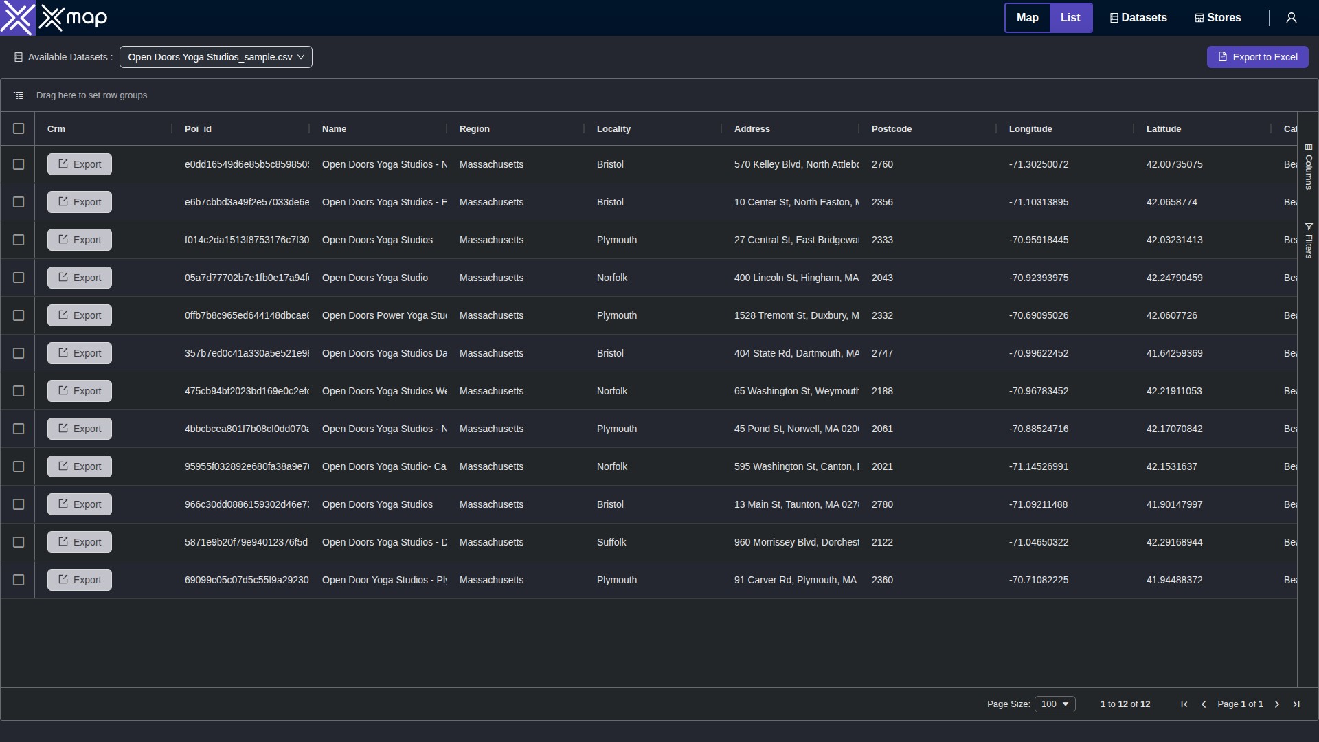 Open Doors Yoga Studios data table