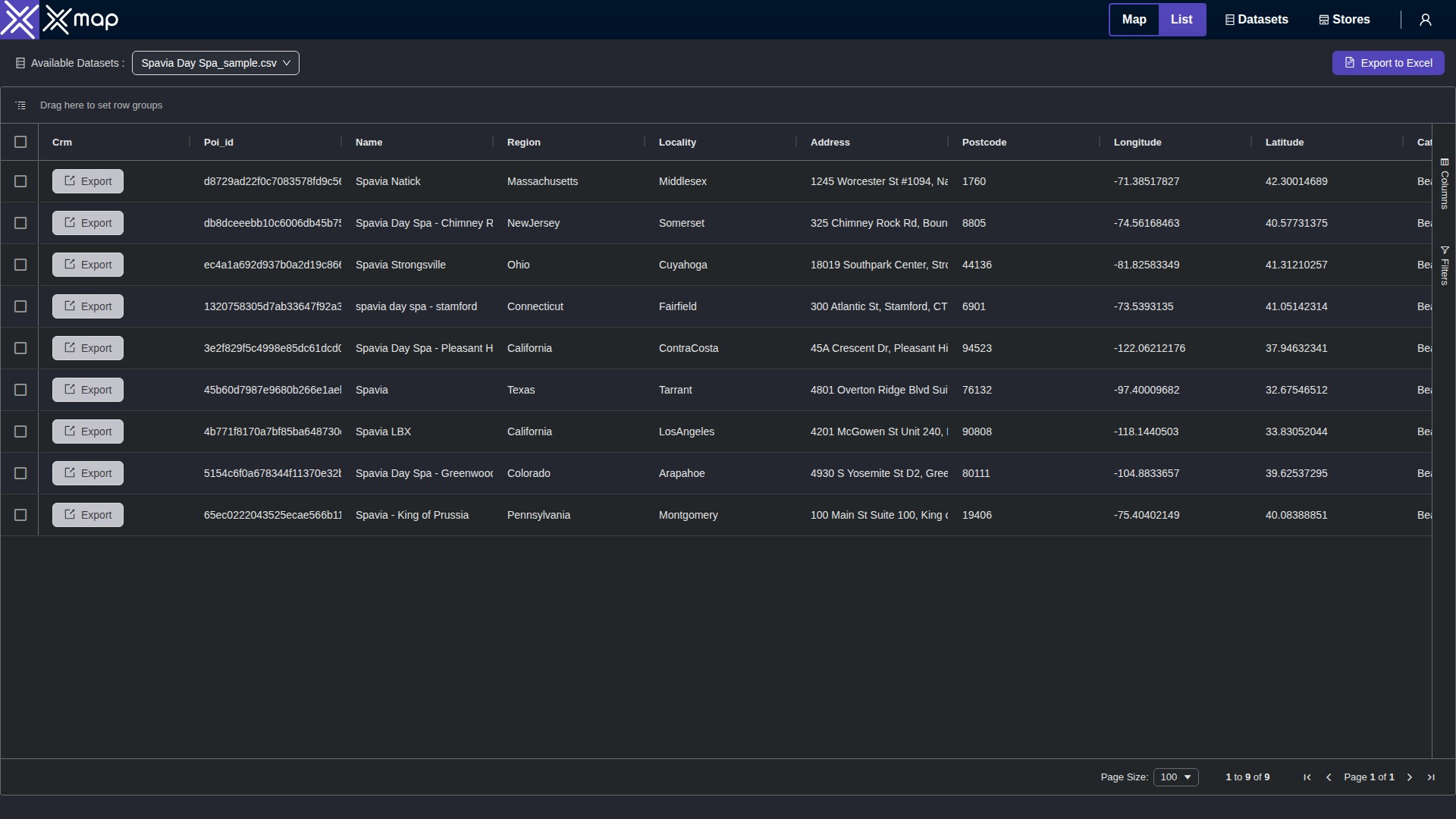 Spavia Day Spa data table
